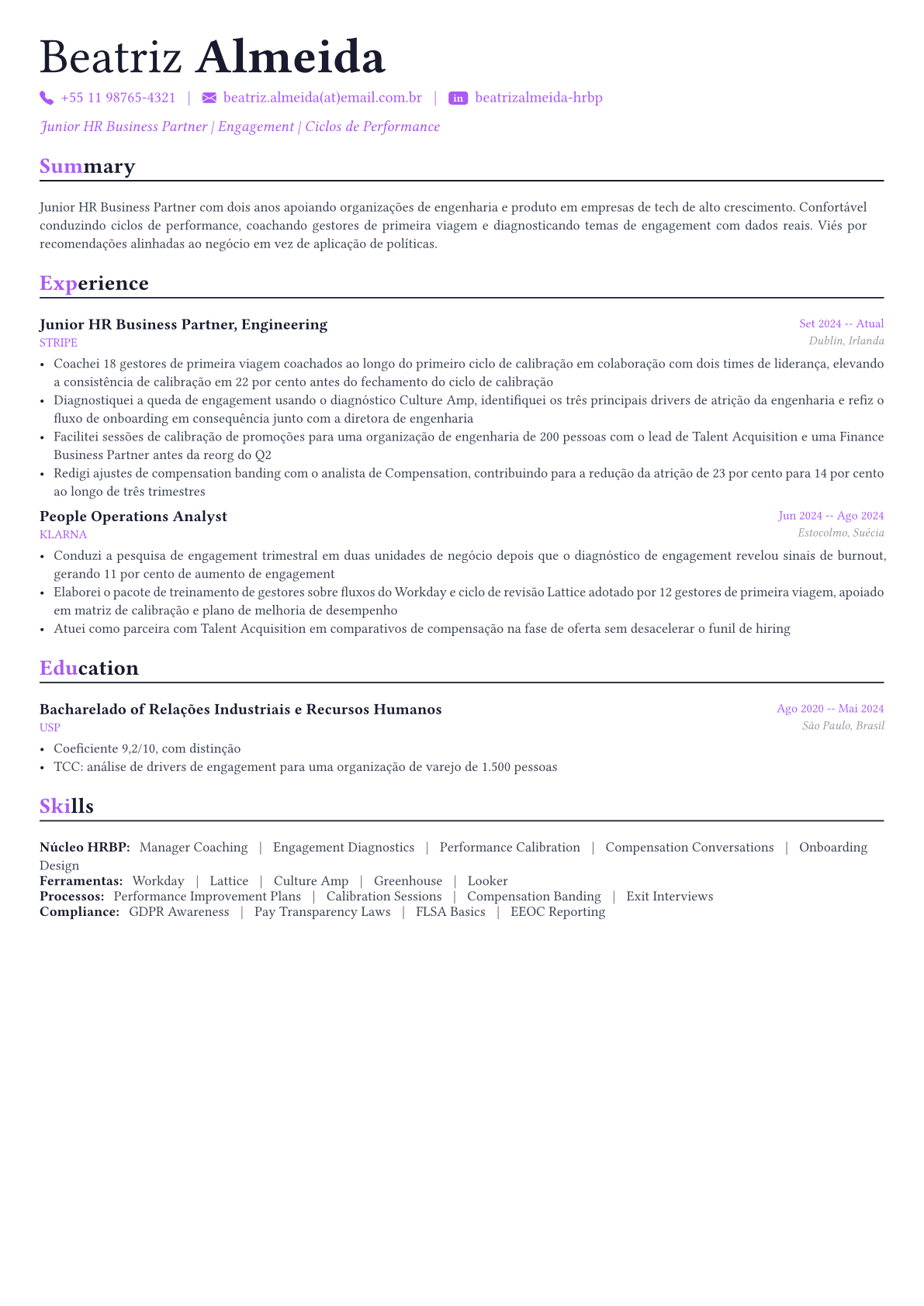 HR Business Partner exemplo de currículo