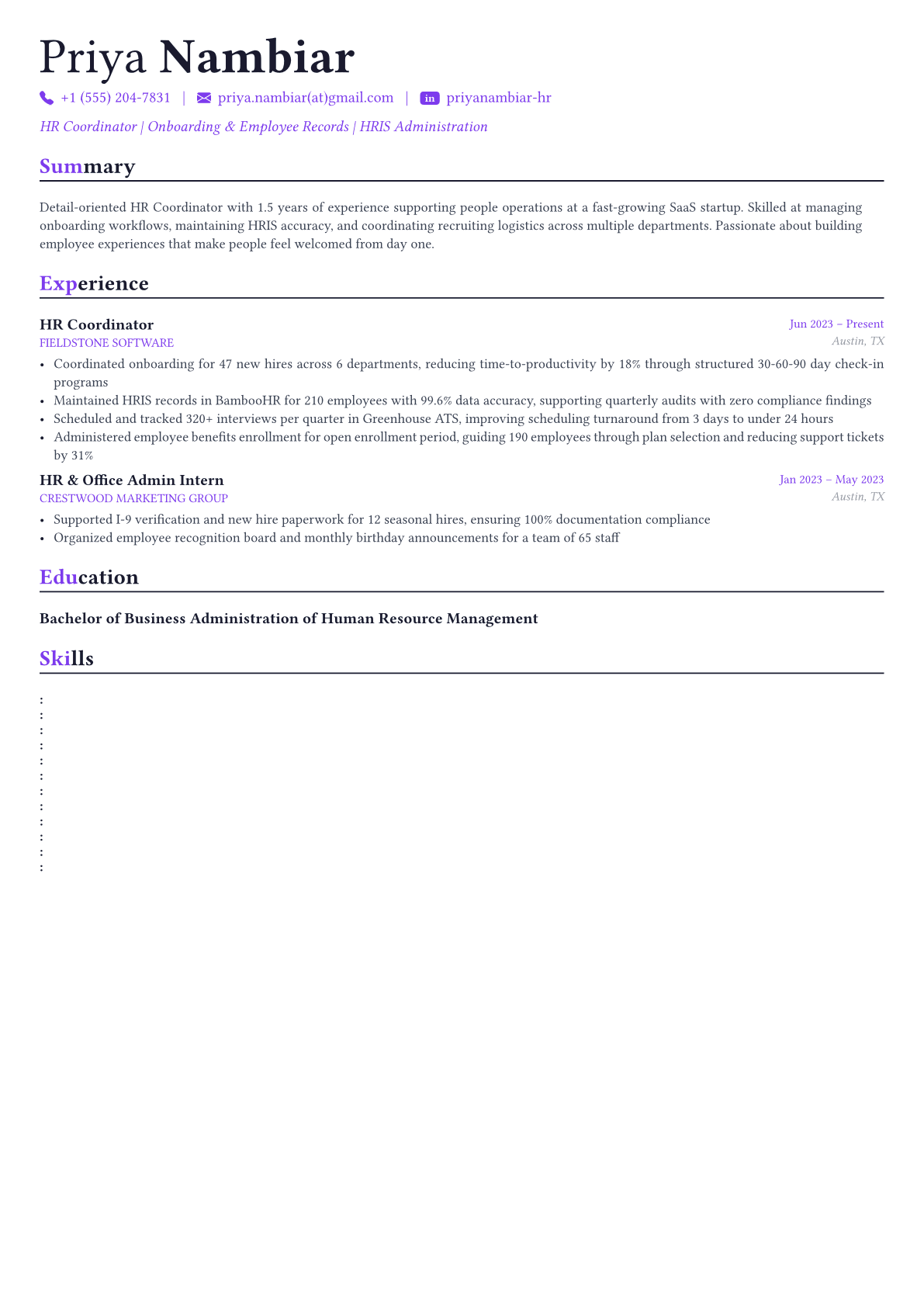 HR Manager resume example