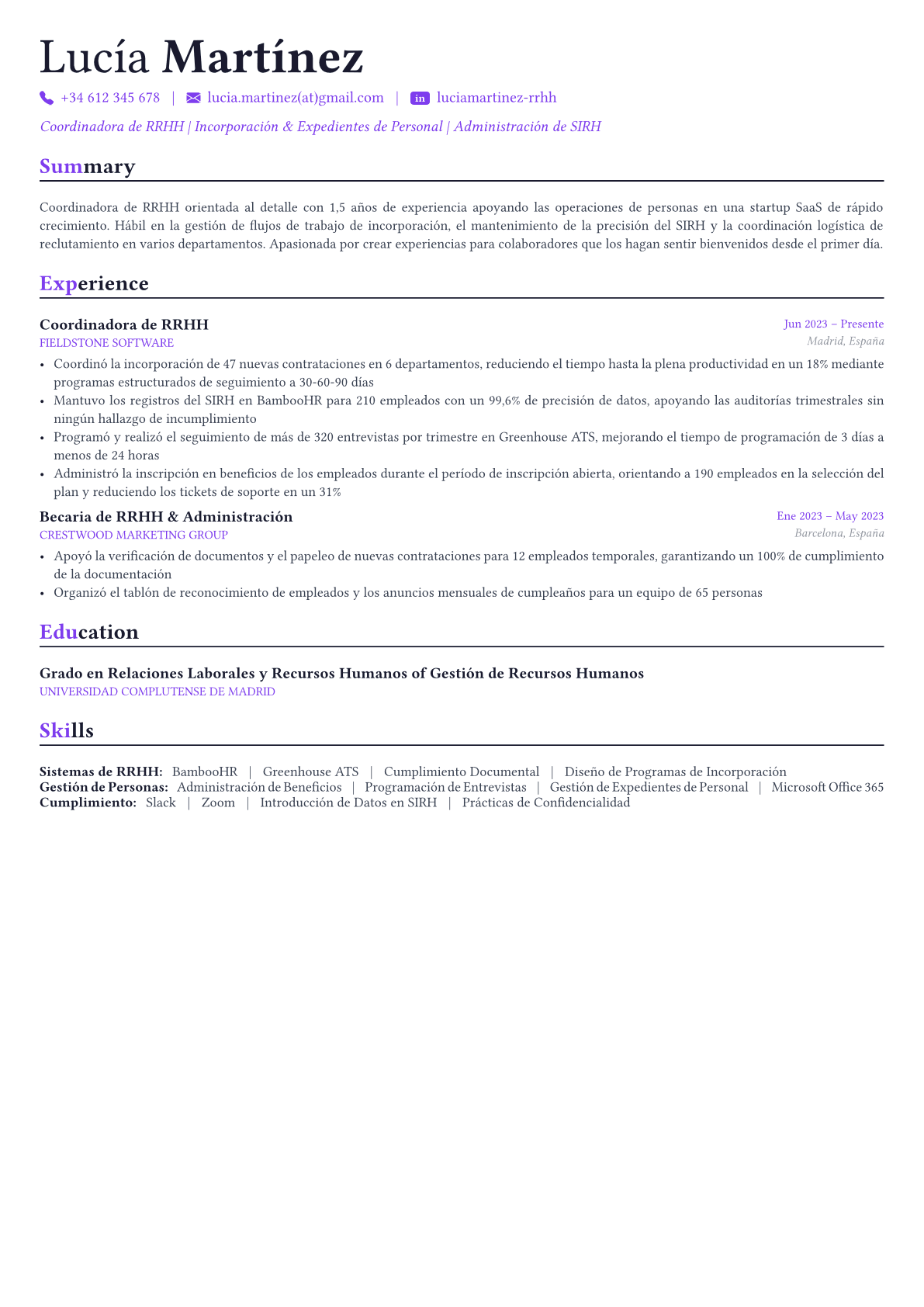 HR Manager ejemplo de CV