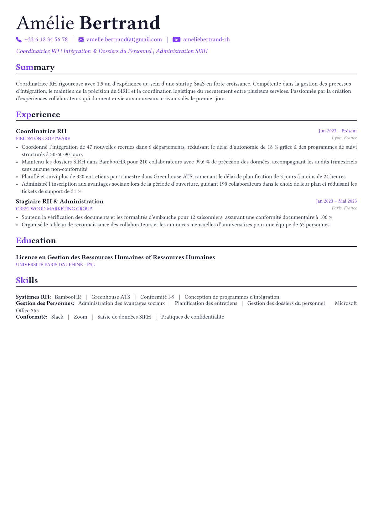 HR Manager exemple de CV