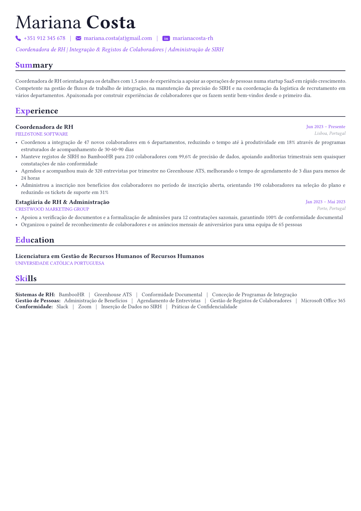 HR Manager exemplo de currículo
