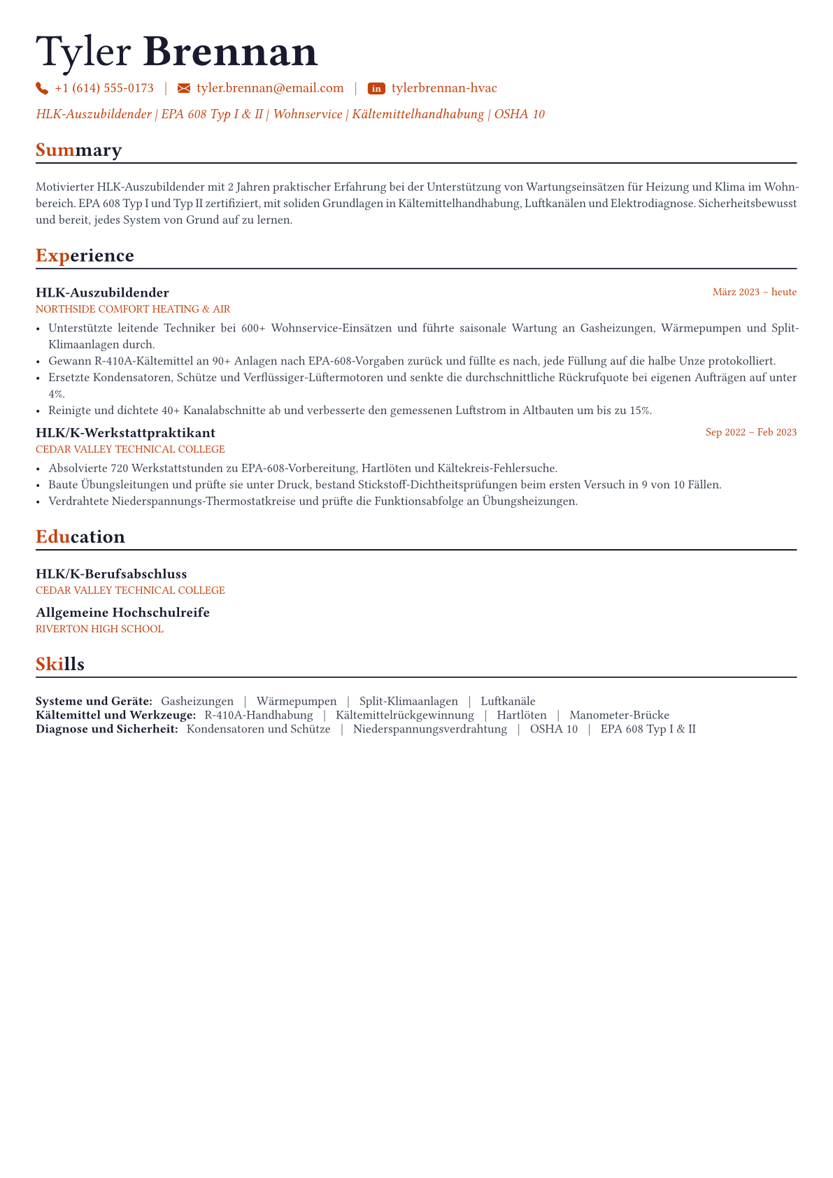 Hvac Technician Lebenslauf-Beispiel