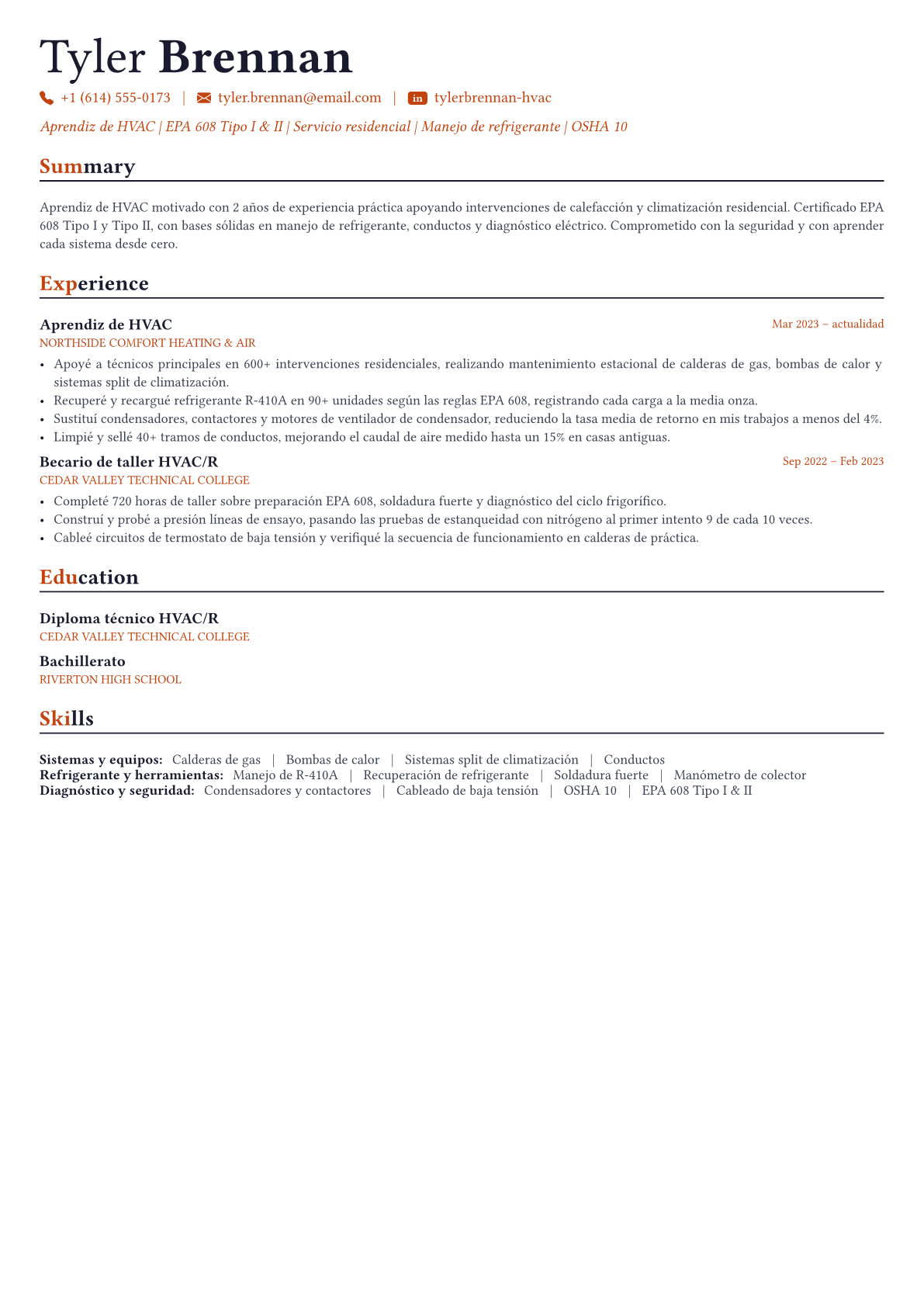 Hvac Technician ejemplo de CV
