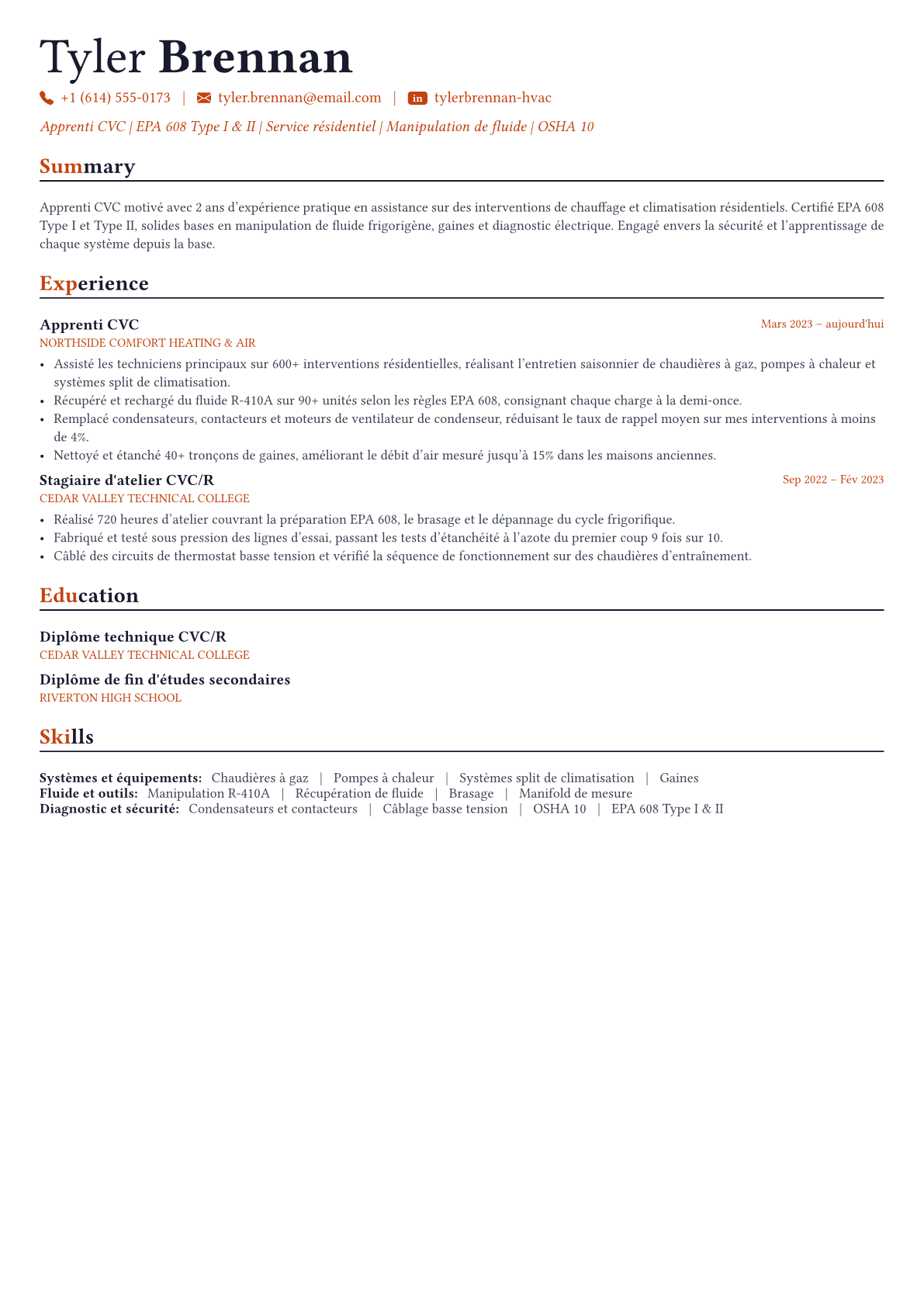Hvac Technician exemple de CV