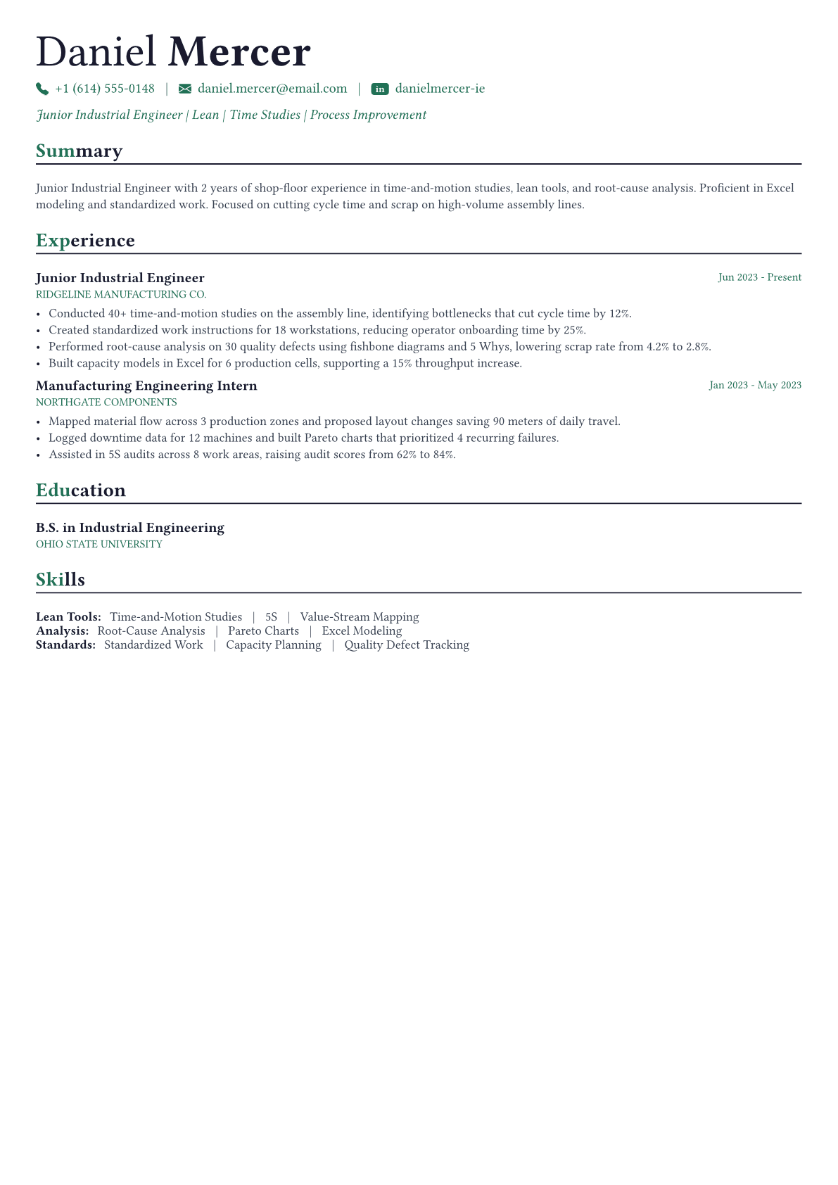 Industrial Engineer resume example