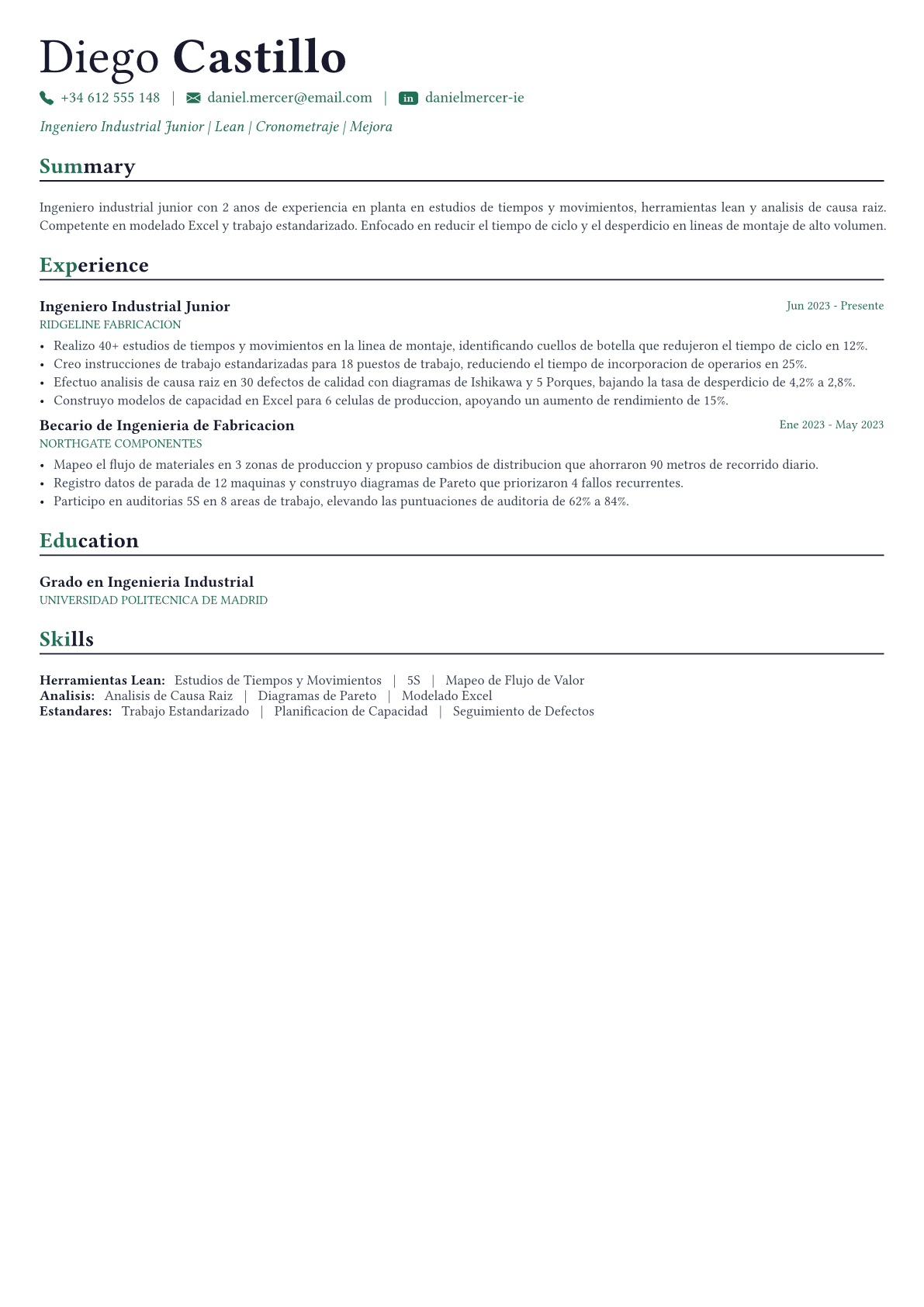 Industrial Engineer ejemplo de CV