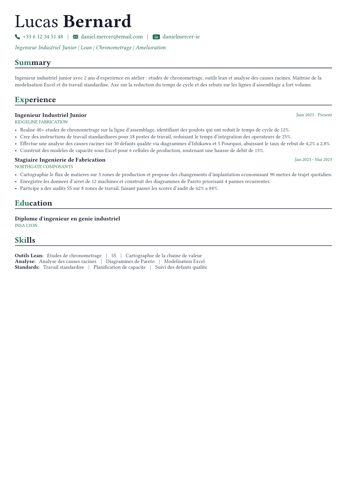 Industrial Engineer exemple de CV