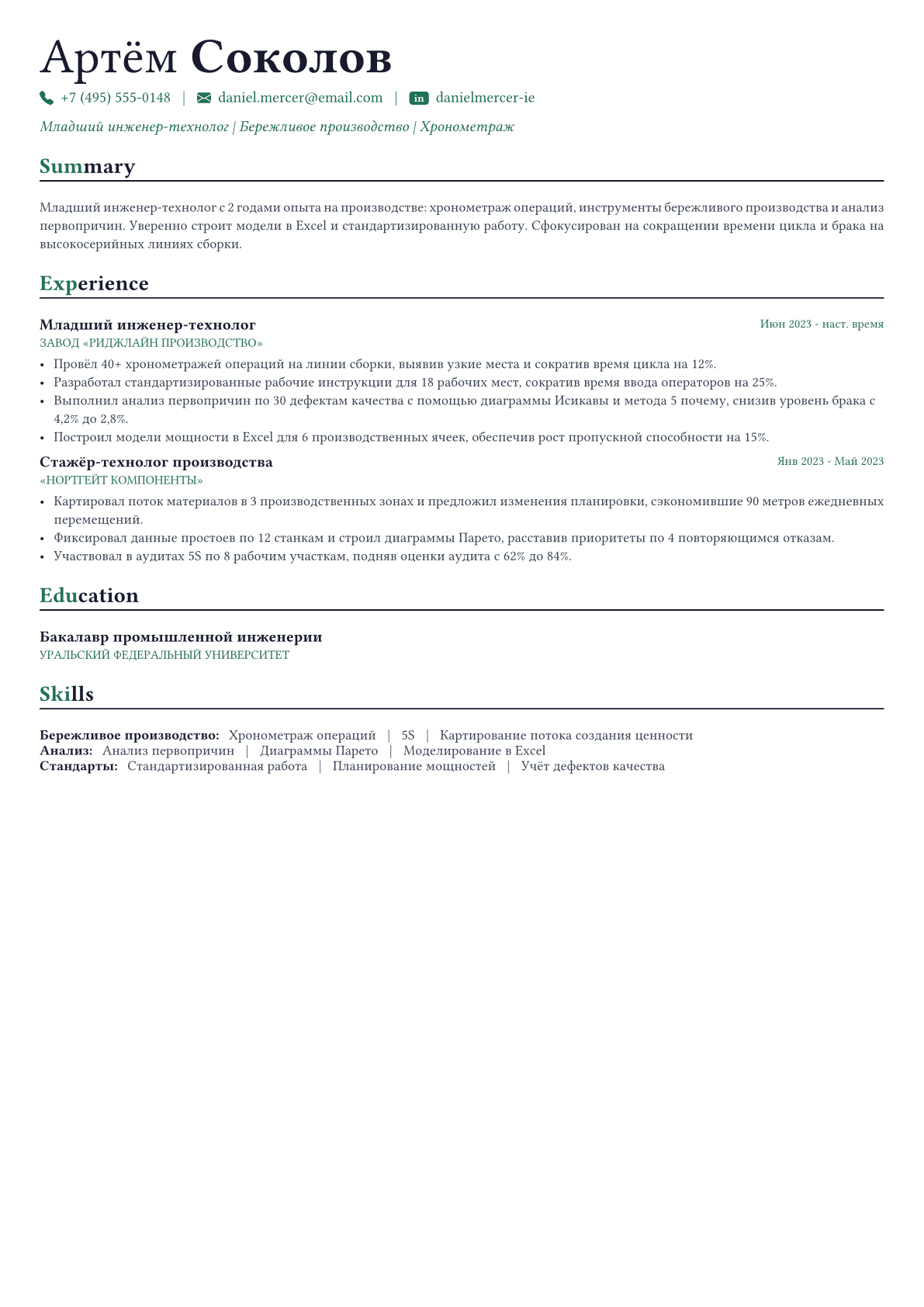 Инженер-технолог производства пример CV