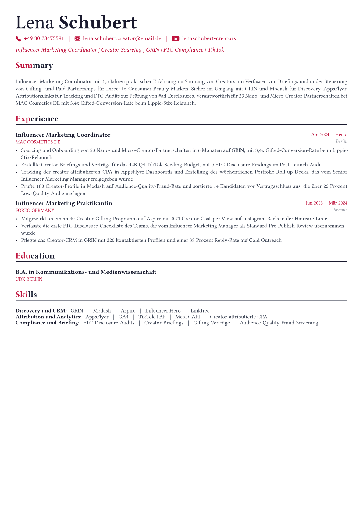 Influencer Marketing Manager Lebenslauf-Beispiel
