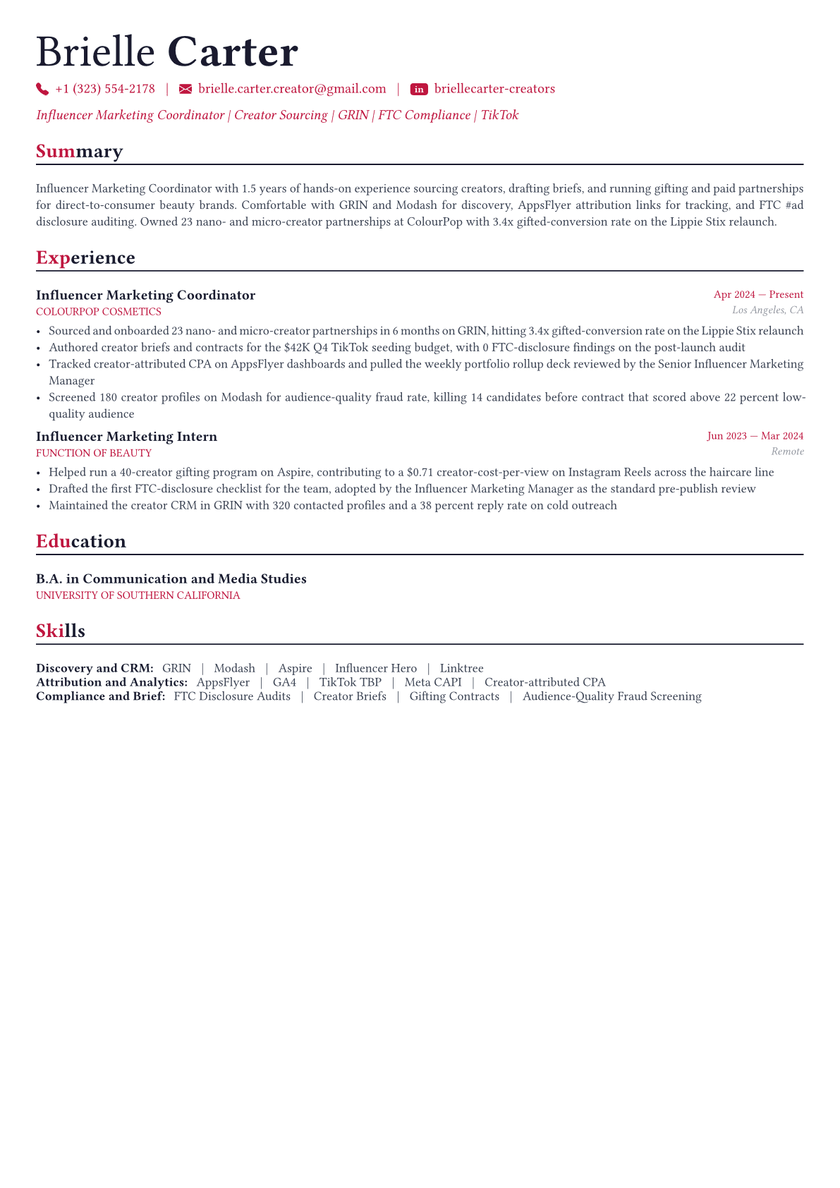 Influencer Marketing Manager resume example