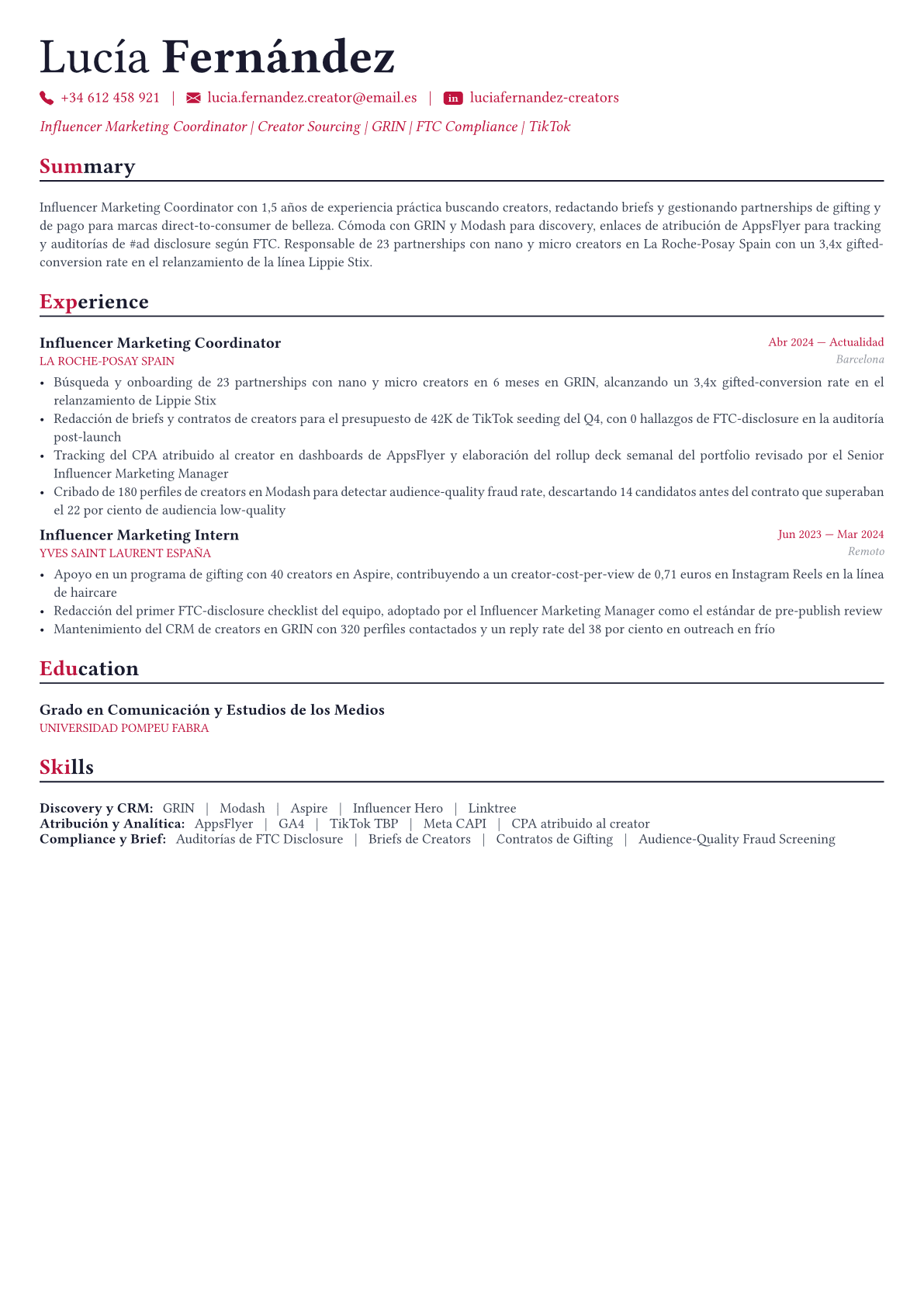 Influencer Marketing Manager ejemplo de CV