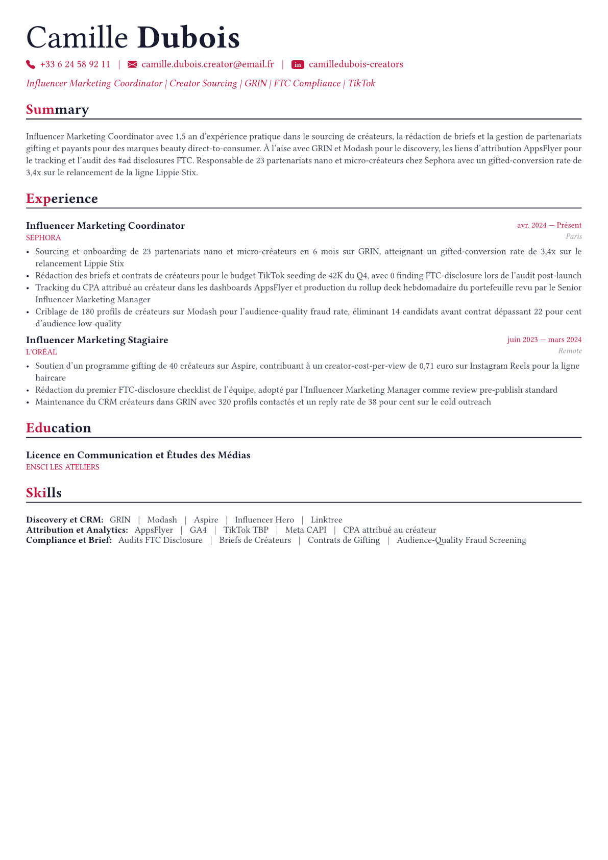 Influencer Marketing Manager exemple de CV