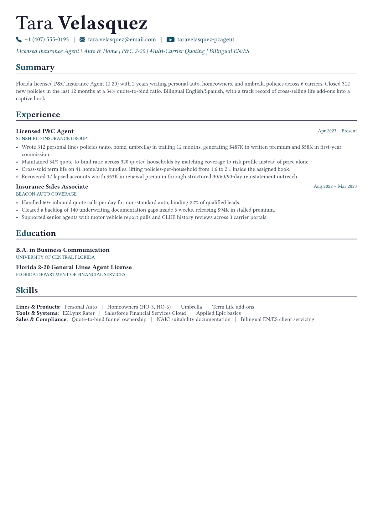 Insurance Agent resume example