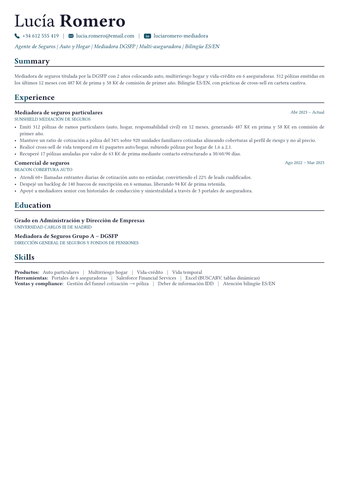Insurance Agent ejemplo de CV