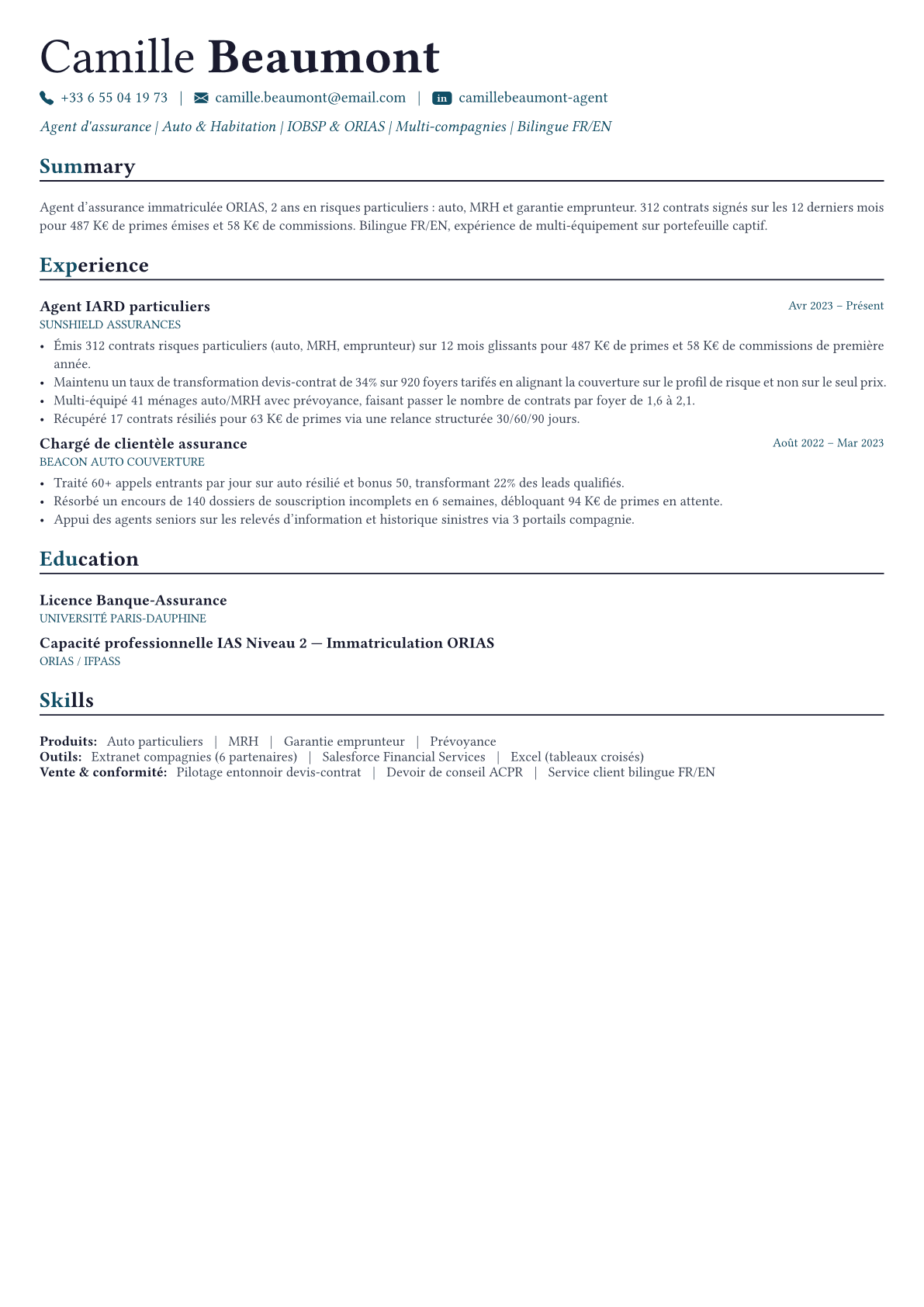 Insurance Agent exemple de CV