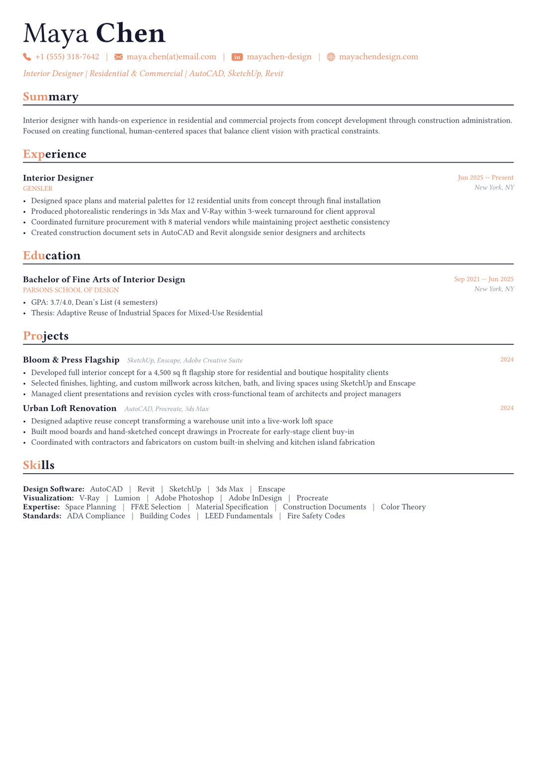 Diseñador de interiores ejemplo de CV