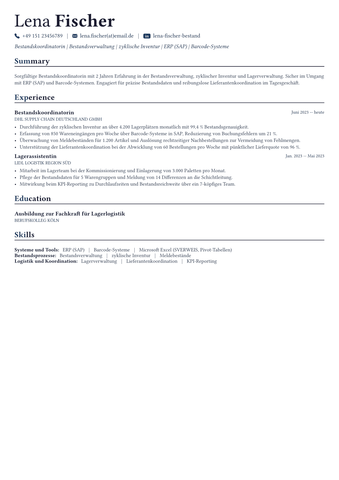 Bestandsmanager Lebenslauf-Beispiel