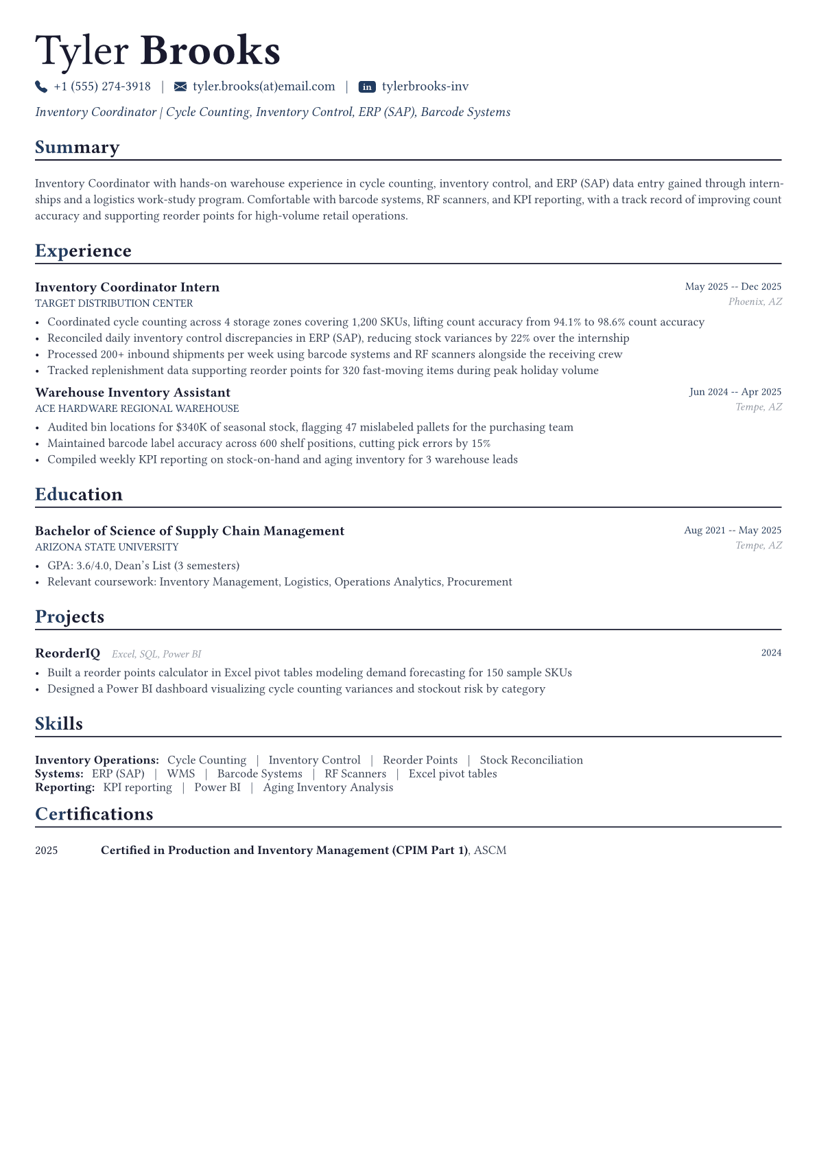 Inventory Manager resume example