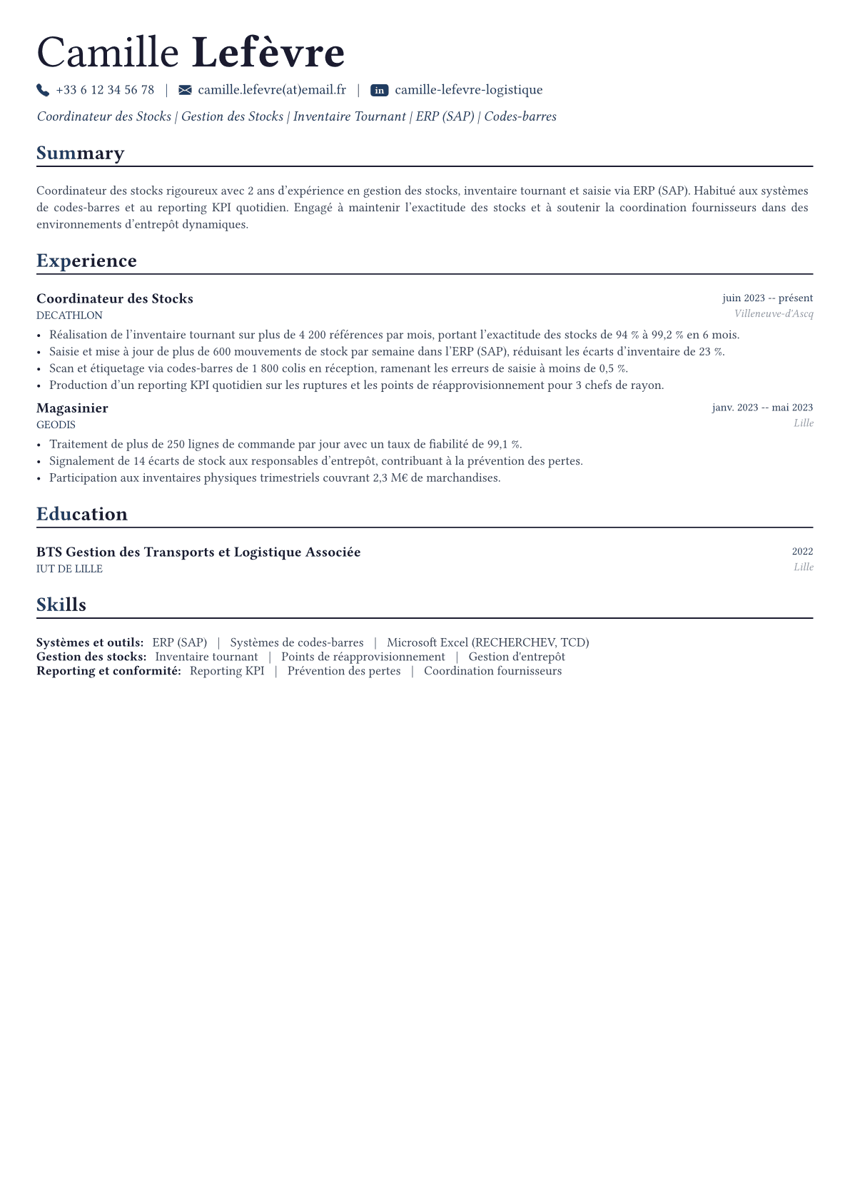 Gestionnaire de Stocks exemple de CV