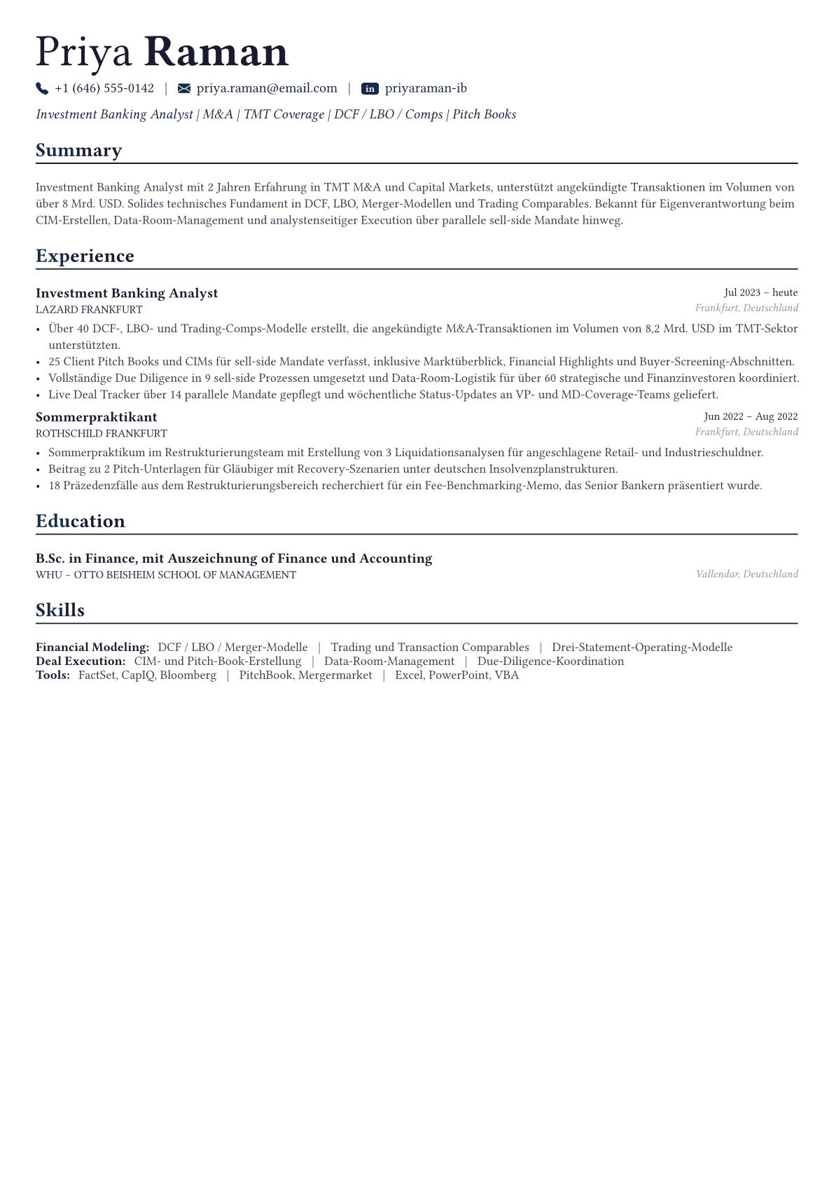 Investment Banker Lebenslauf-Beispiel