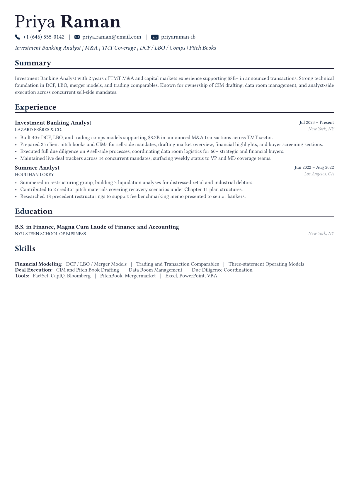 Investment Banker resume example