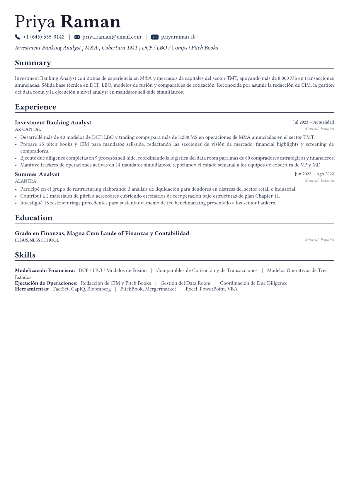 Investment Banker ejemplo de CV