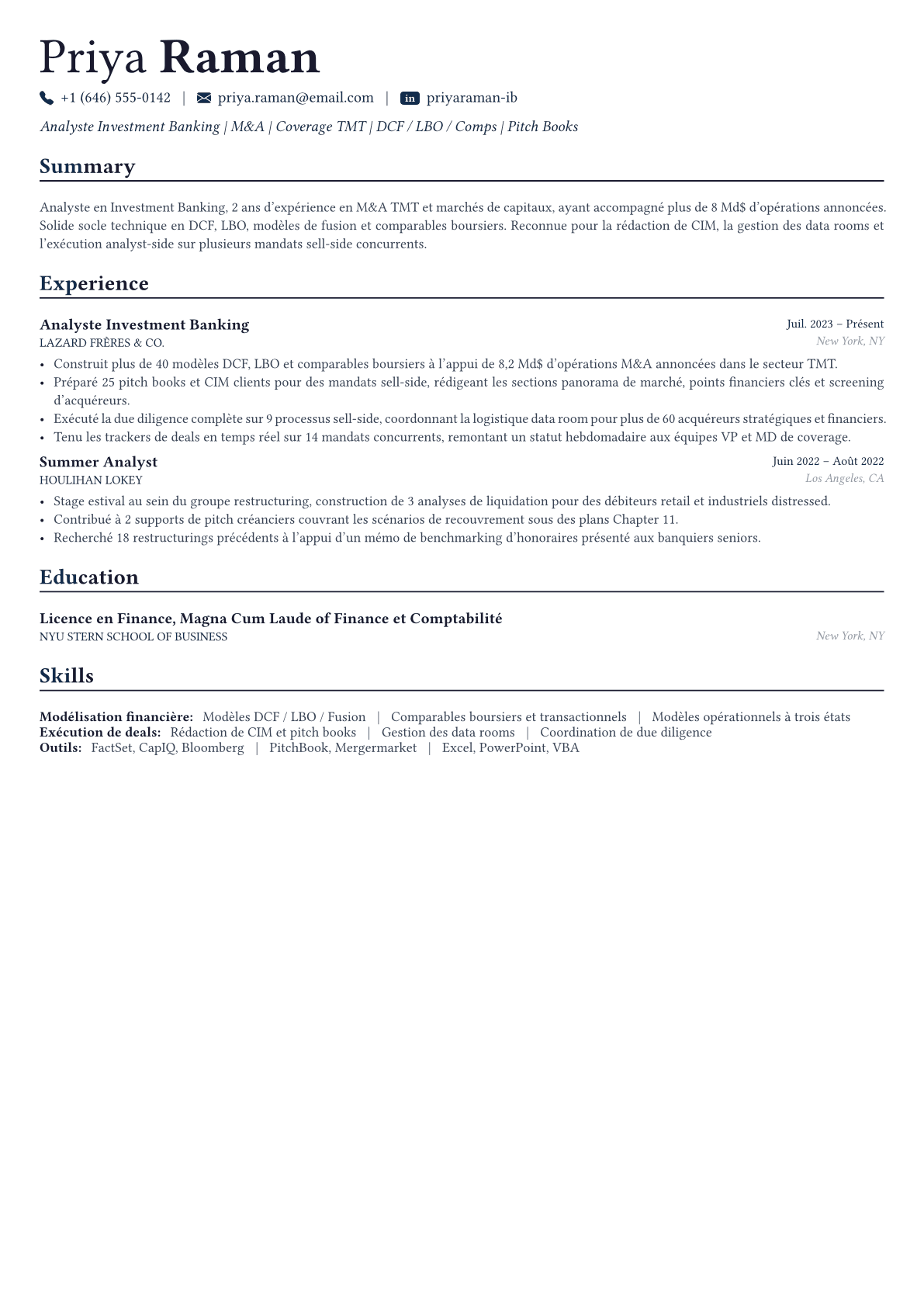 Investment Banker exemple de CV