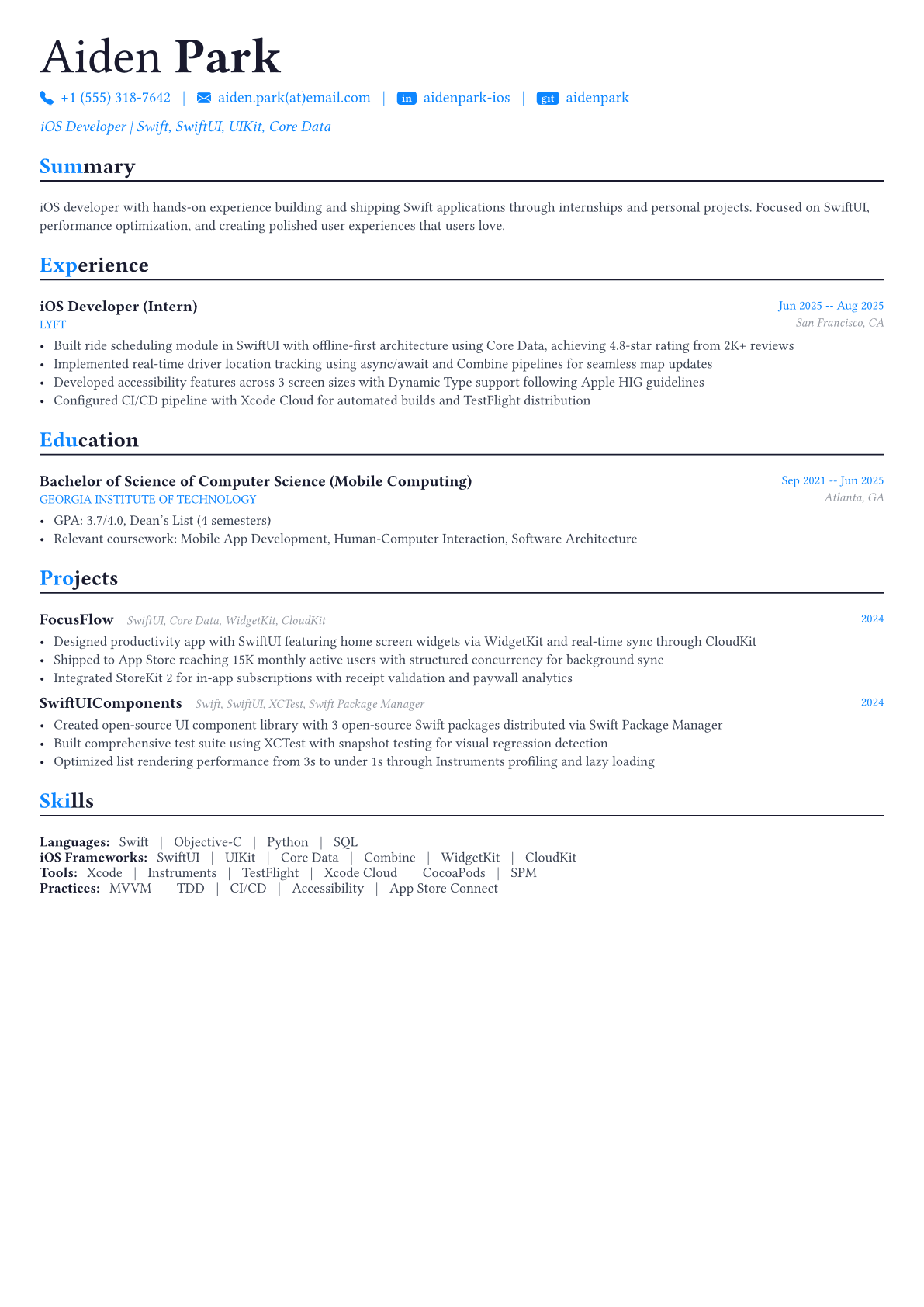 iOS Developer resume example