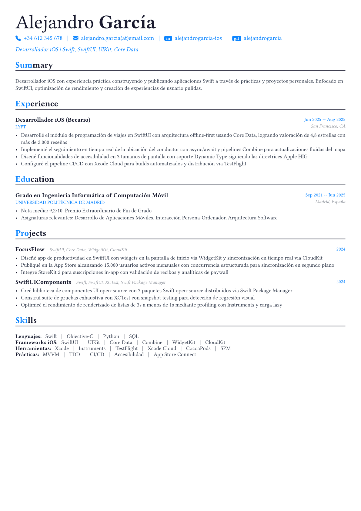 iOS Developer ejemplo de CV