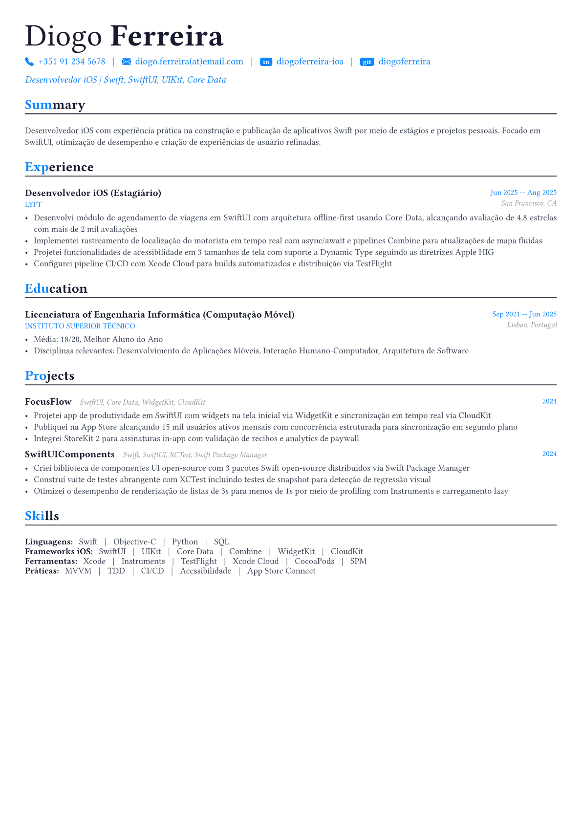 iOS Developer exemplo de currículo