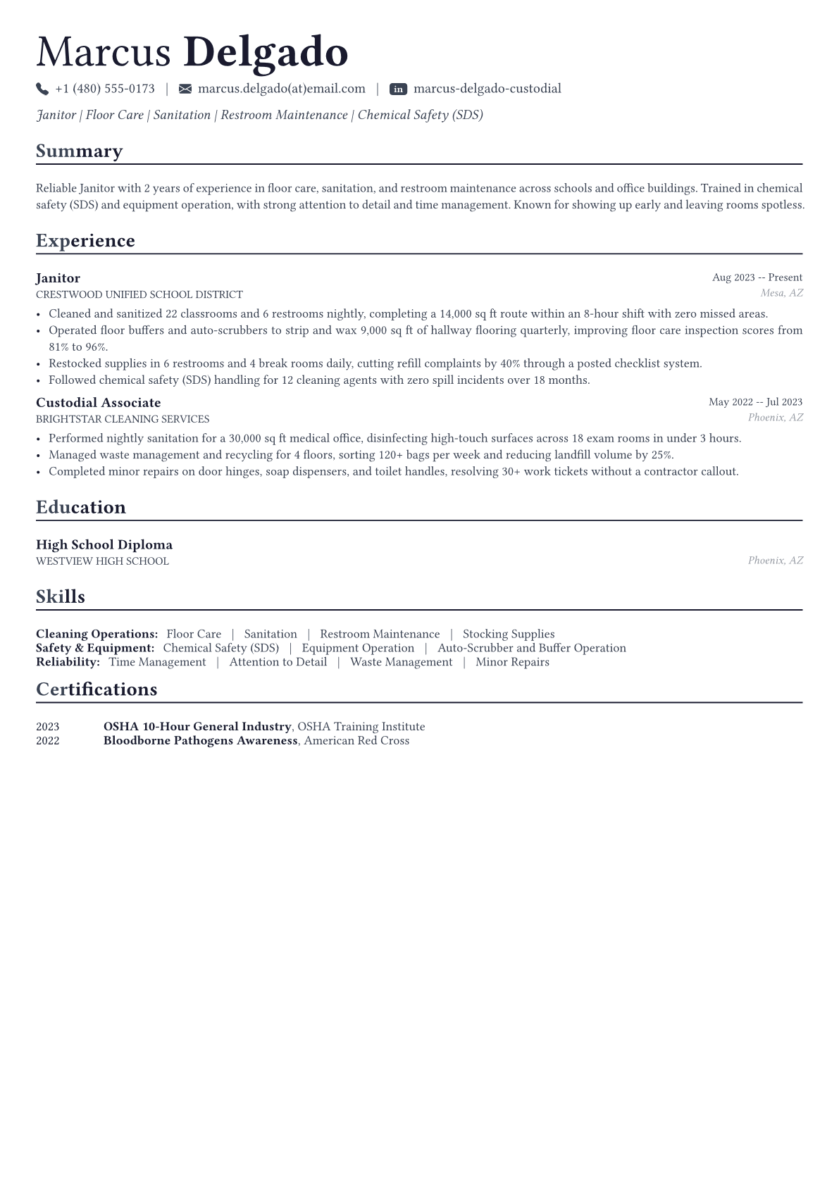 Janitor resume example