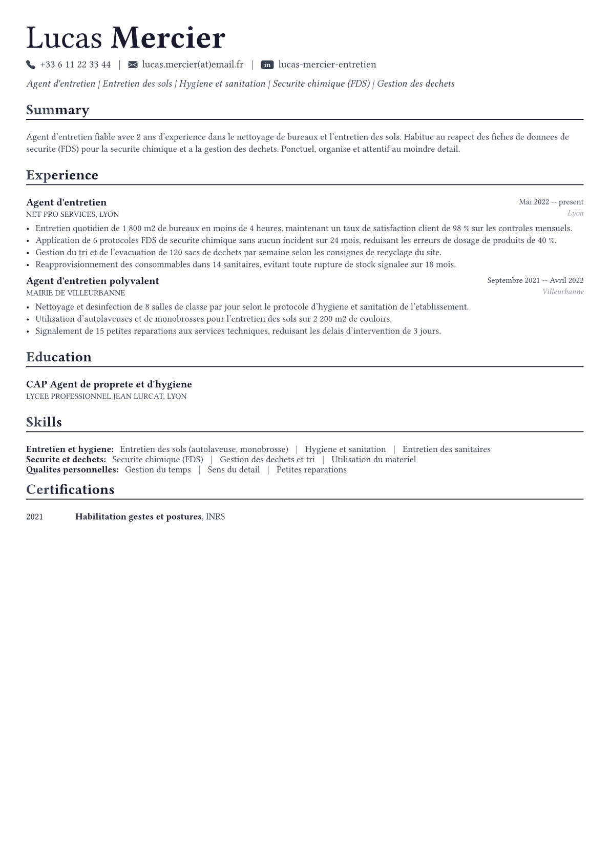 Janitor exemple de CV
