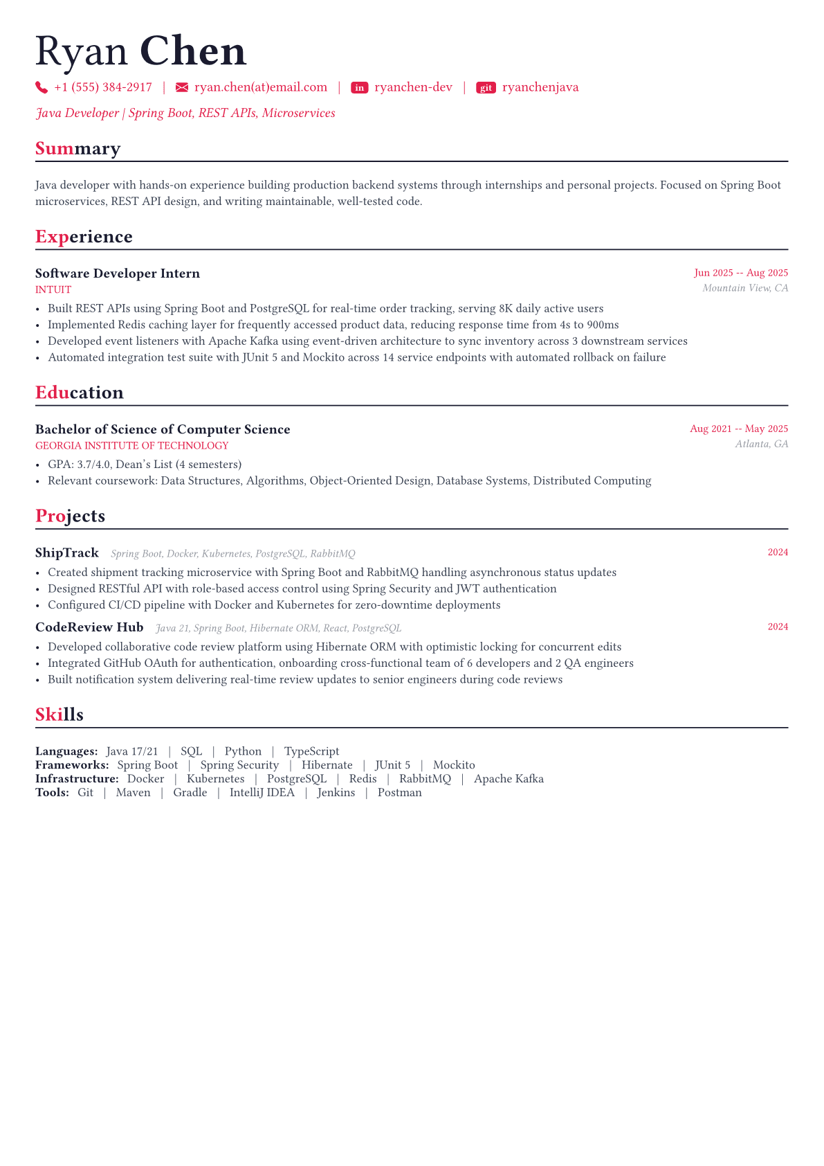 Java Developer resume example