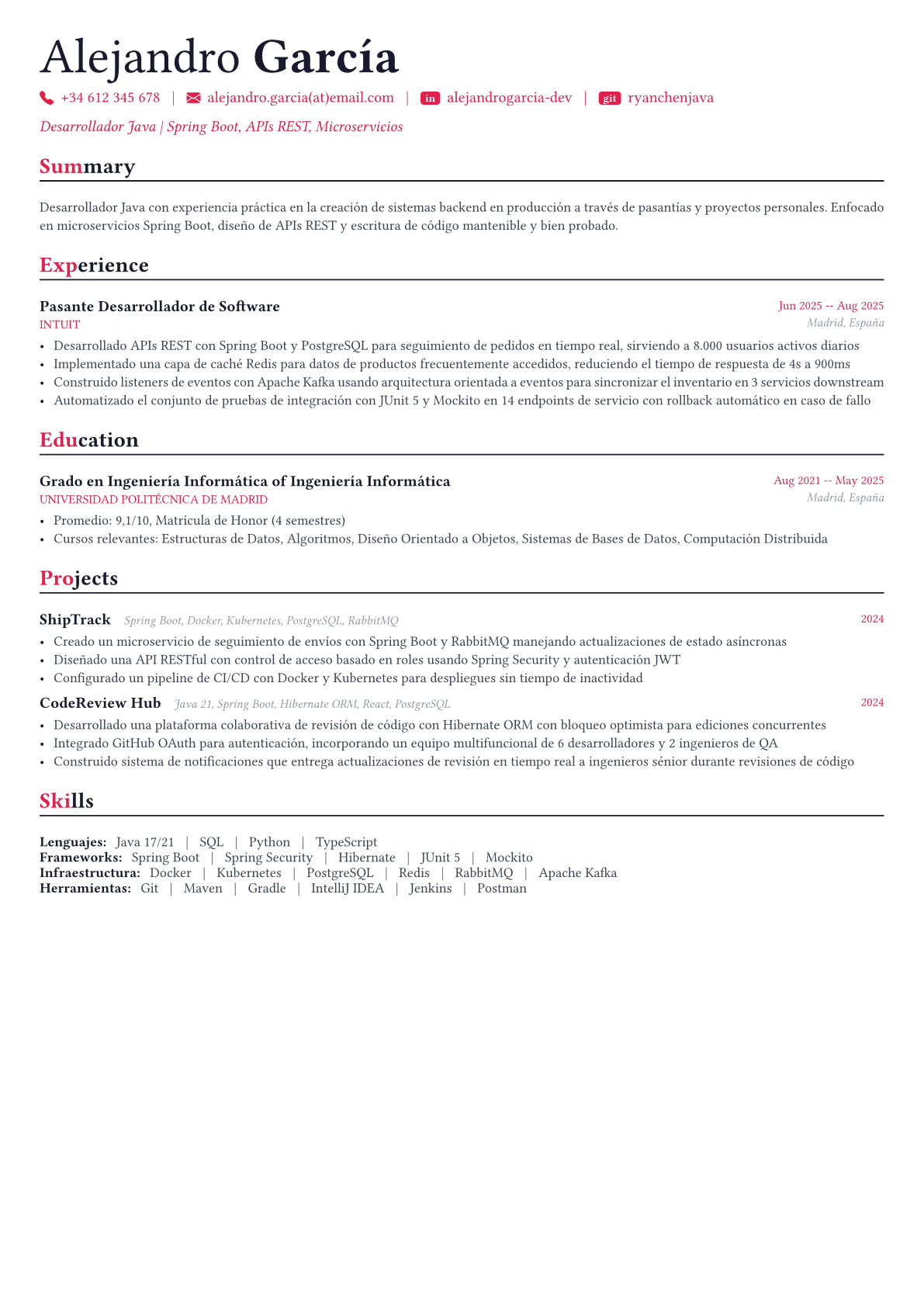 Java Developer ejemplo de CV