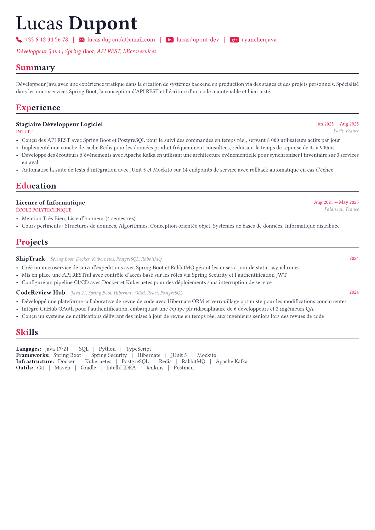 Java Developer exemple de CV