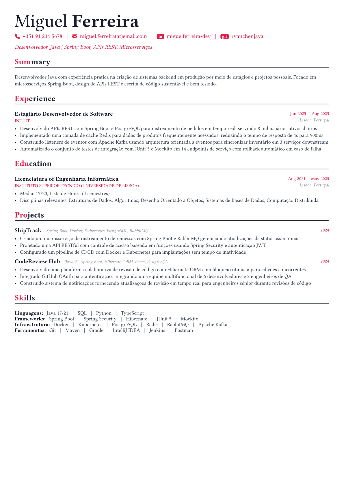Java Developer exemplo de currículo