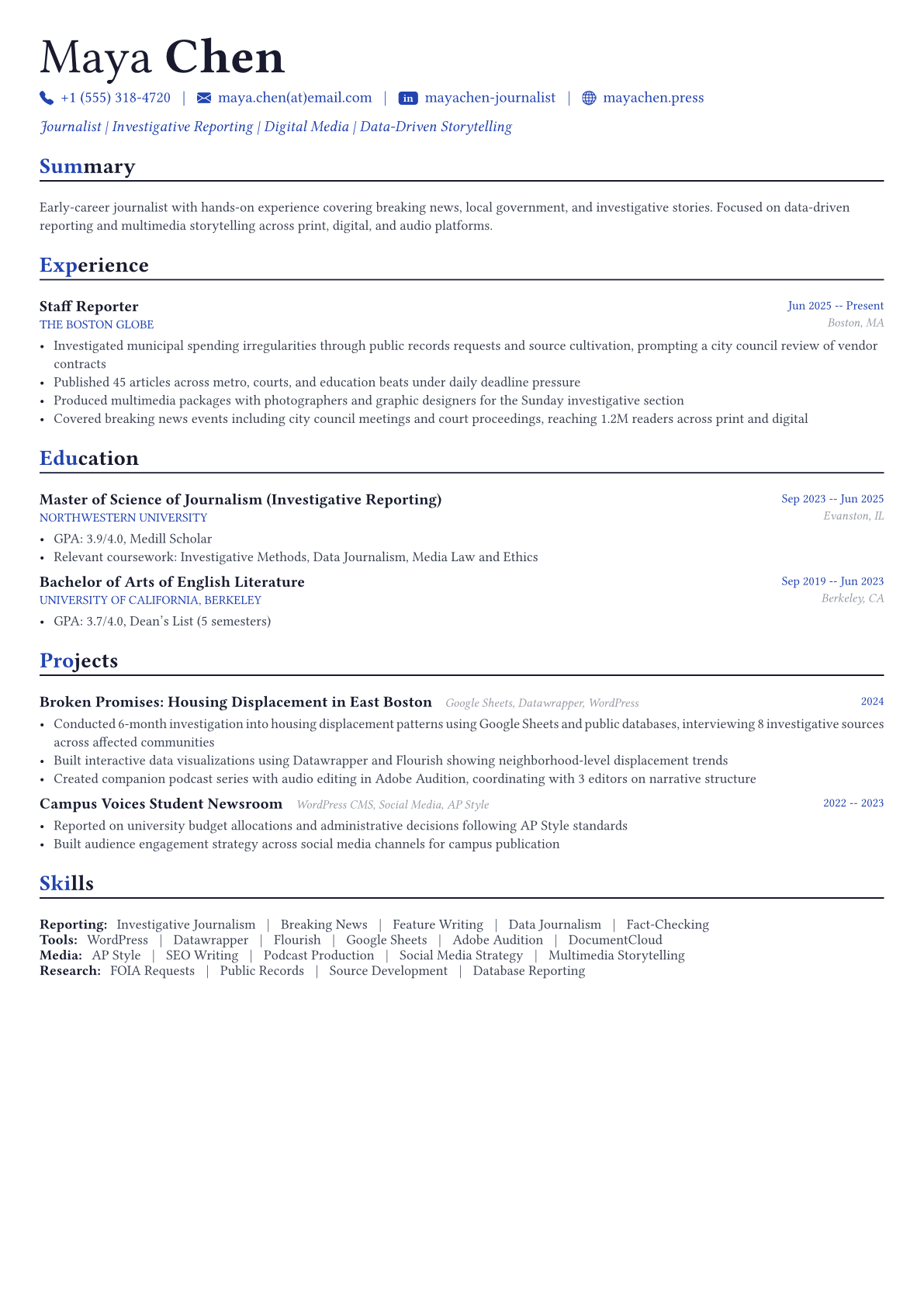 Journalist resume example
