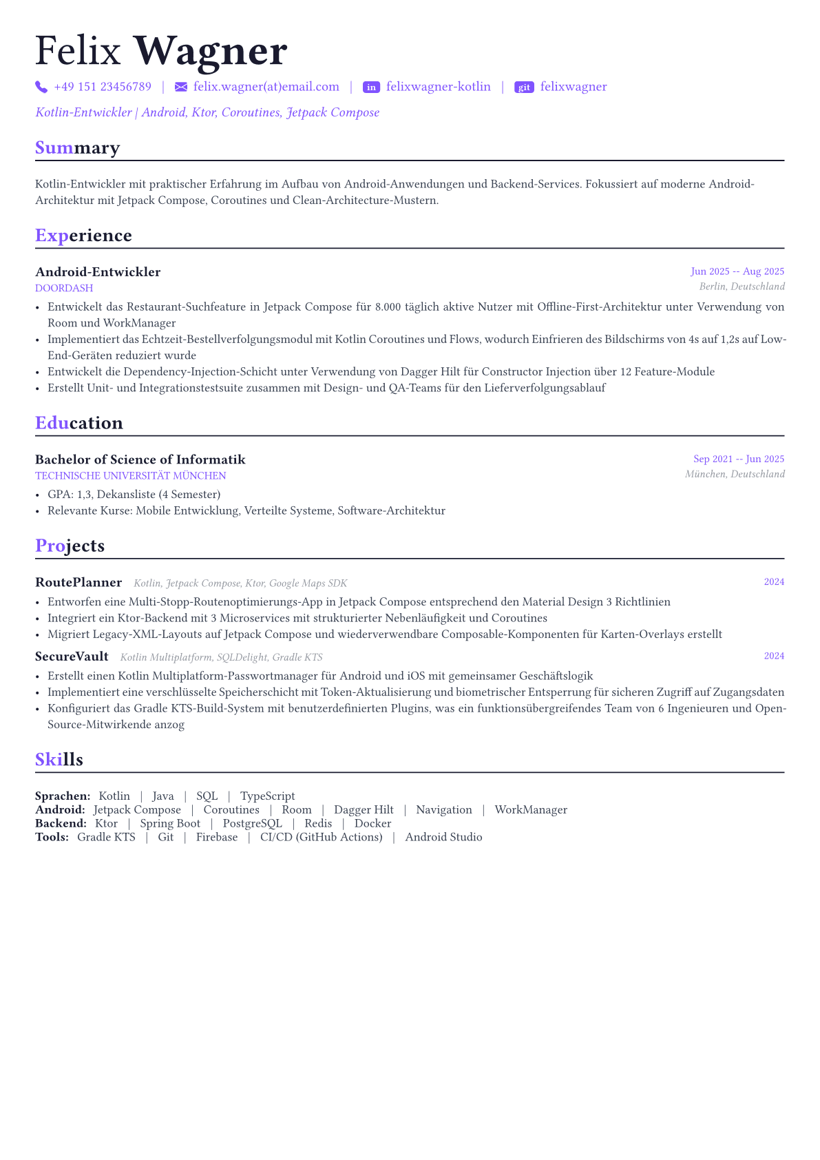 Kotlin Developer Lebenslauf-Beispiel