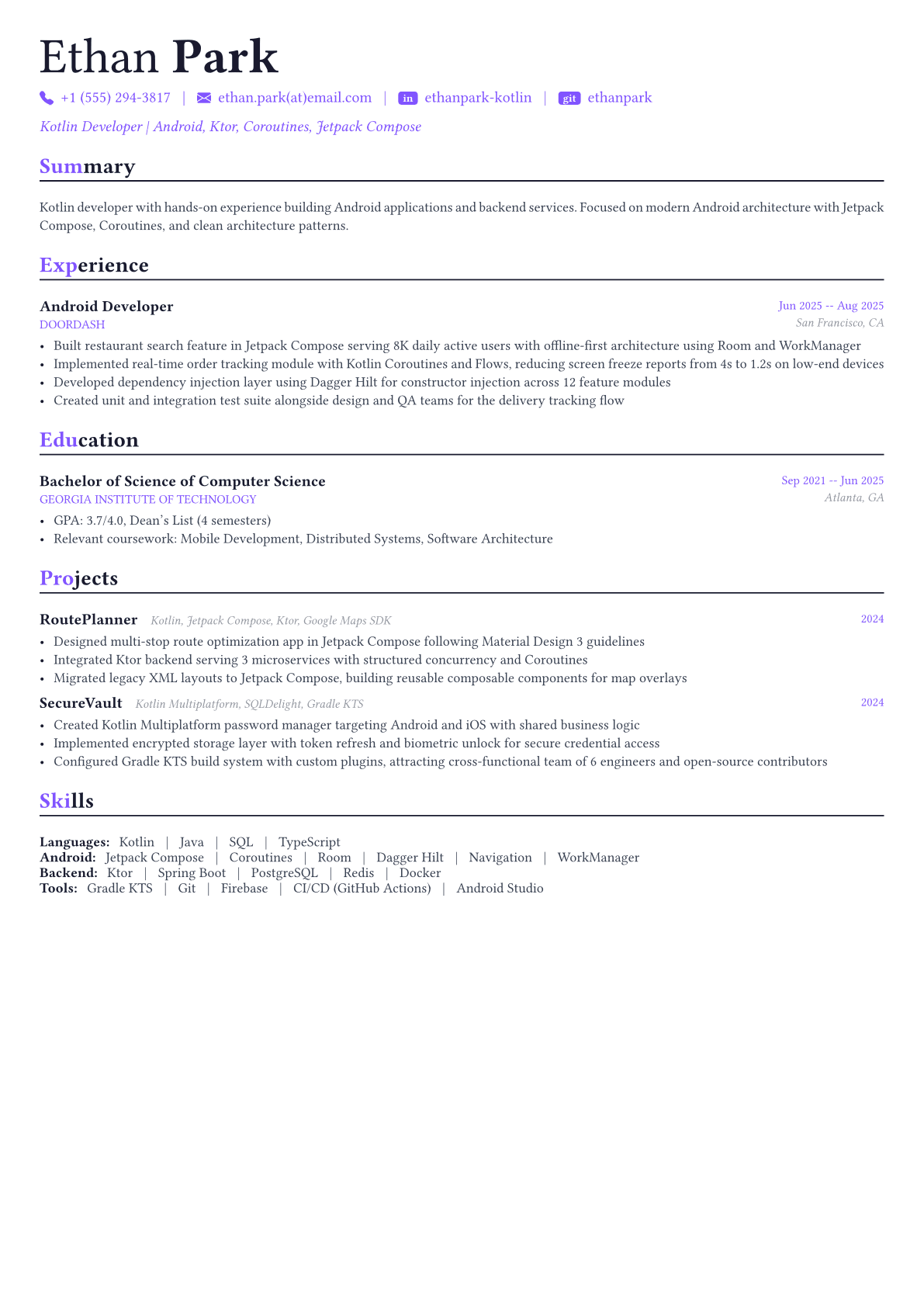 Kotlin Developer resume example
