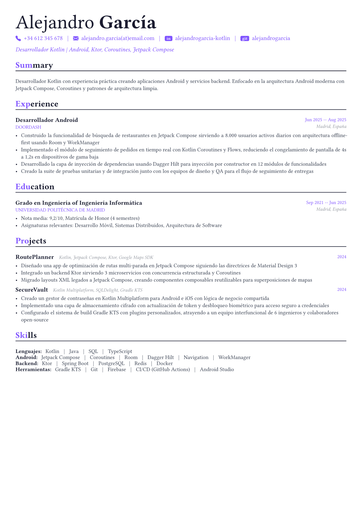 Kotlin Developer ejemplo de CV