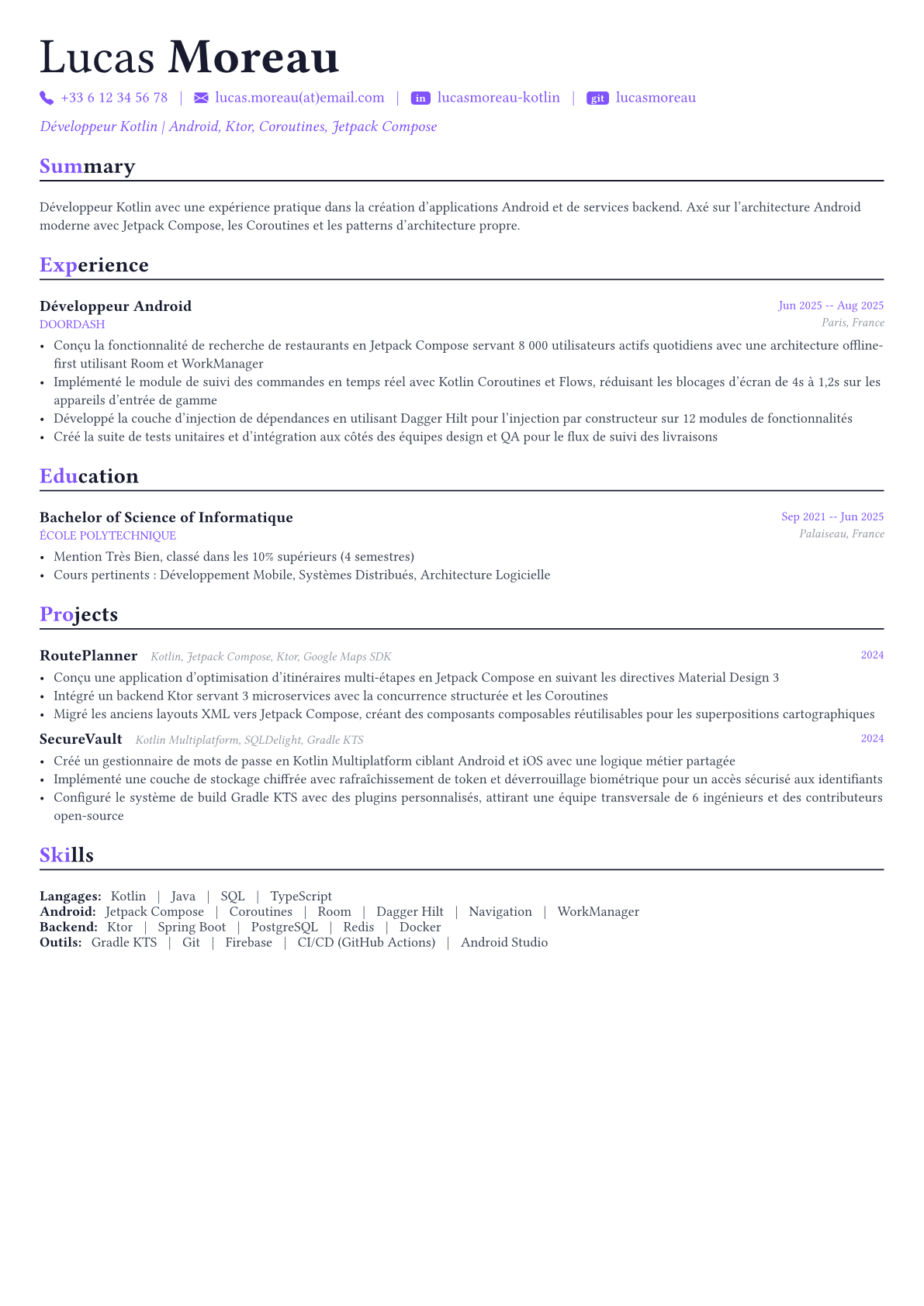 Kotlin Developer exemple de CV