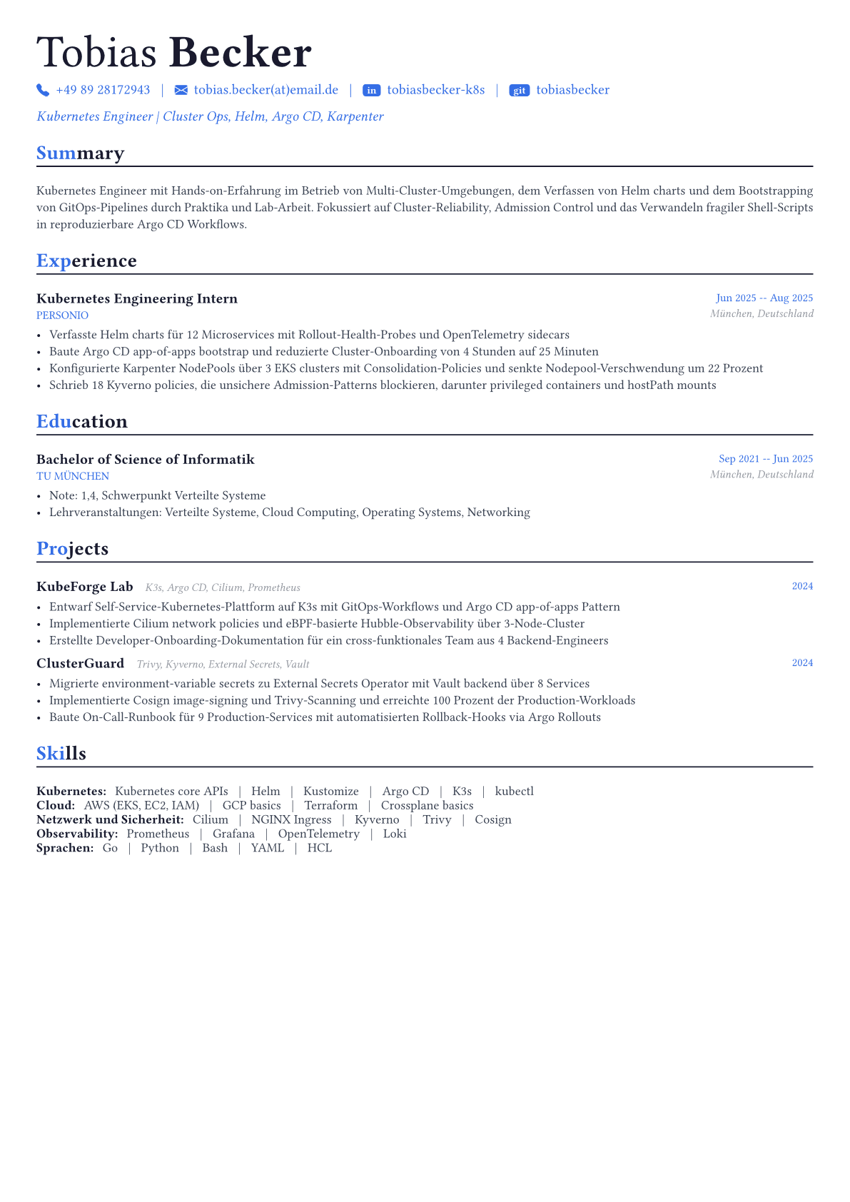 Kubernetes Engineer Lebenslauf-Beispiel