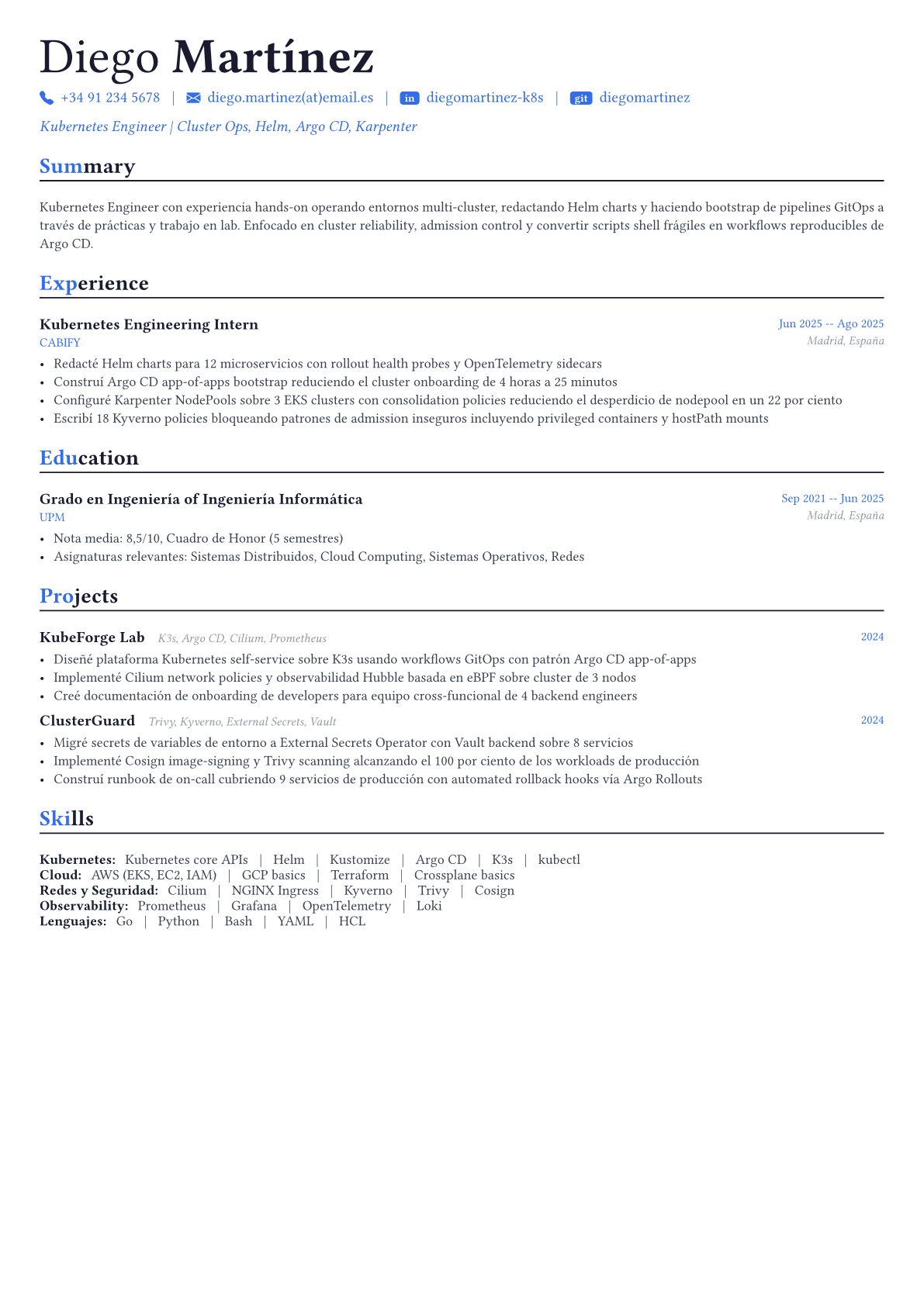 Kubernetes Engineer ejemplo de CV