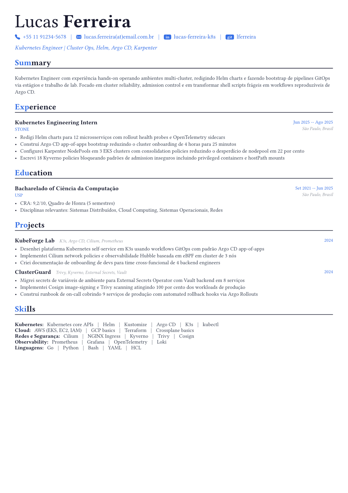 Kubernetes Engineer exemplo de currículo