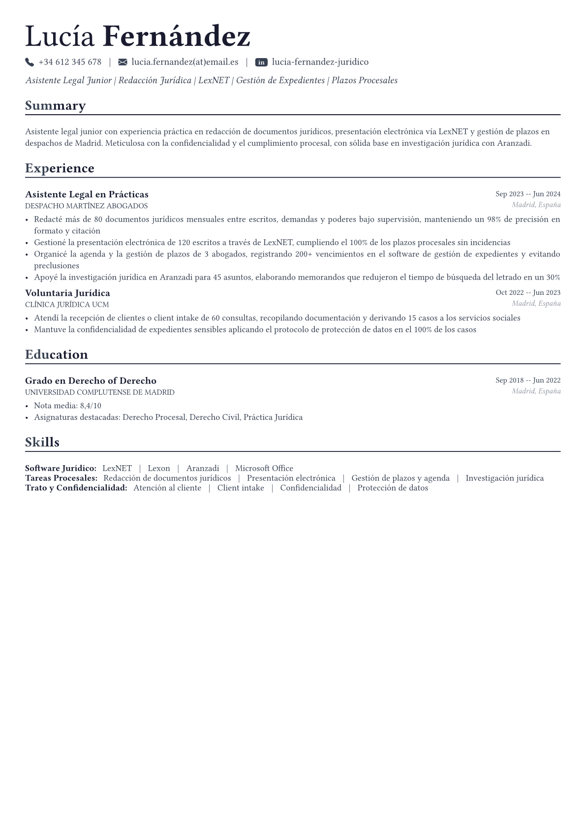 Asistente Legal ejemplo de CV