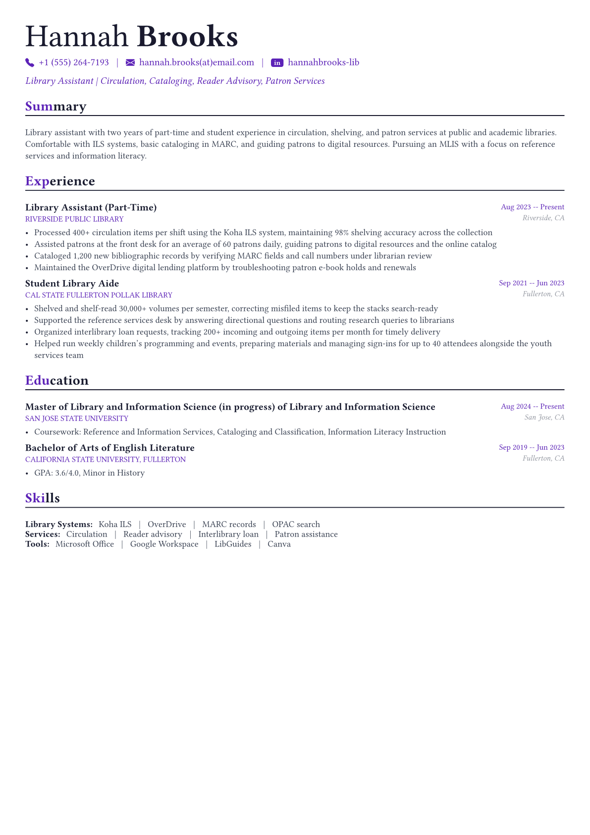 Librarian resume example
