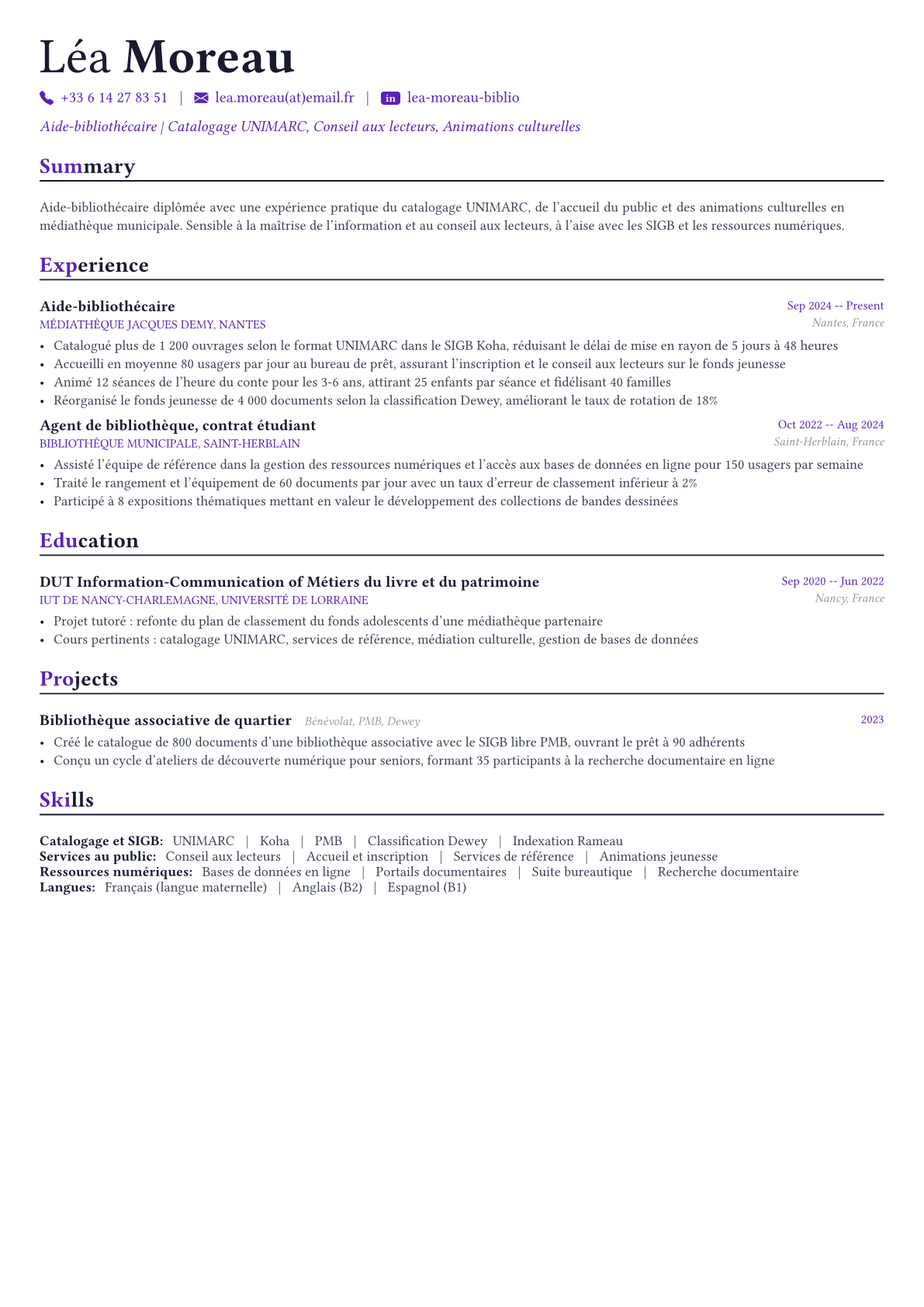Bibliothécaire exemple de CV