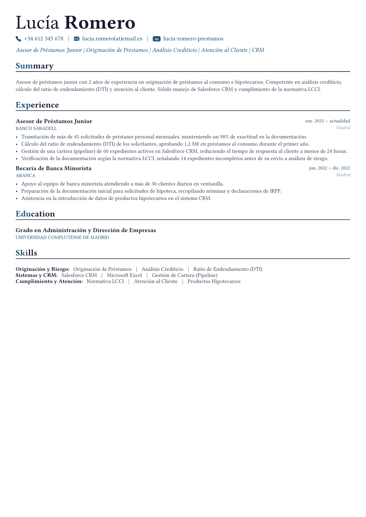 Asesor de préstamos ejemplo de CV