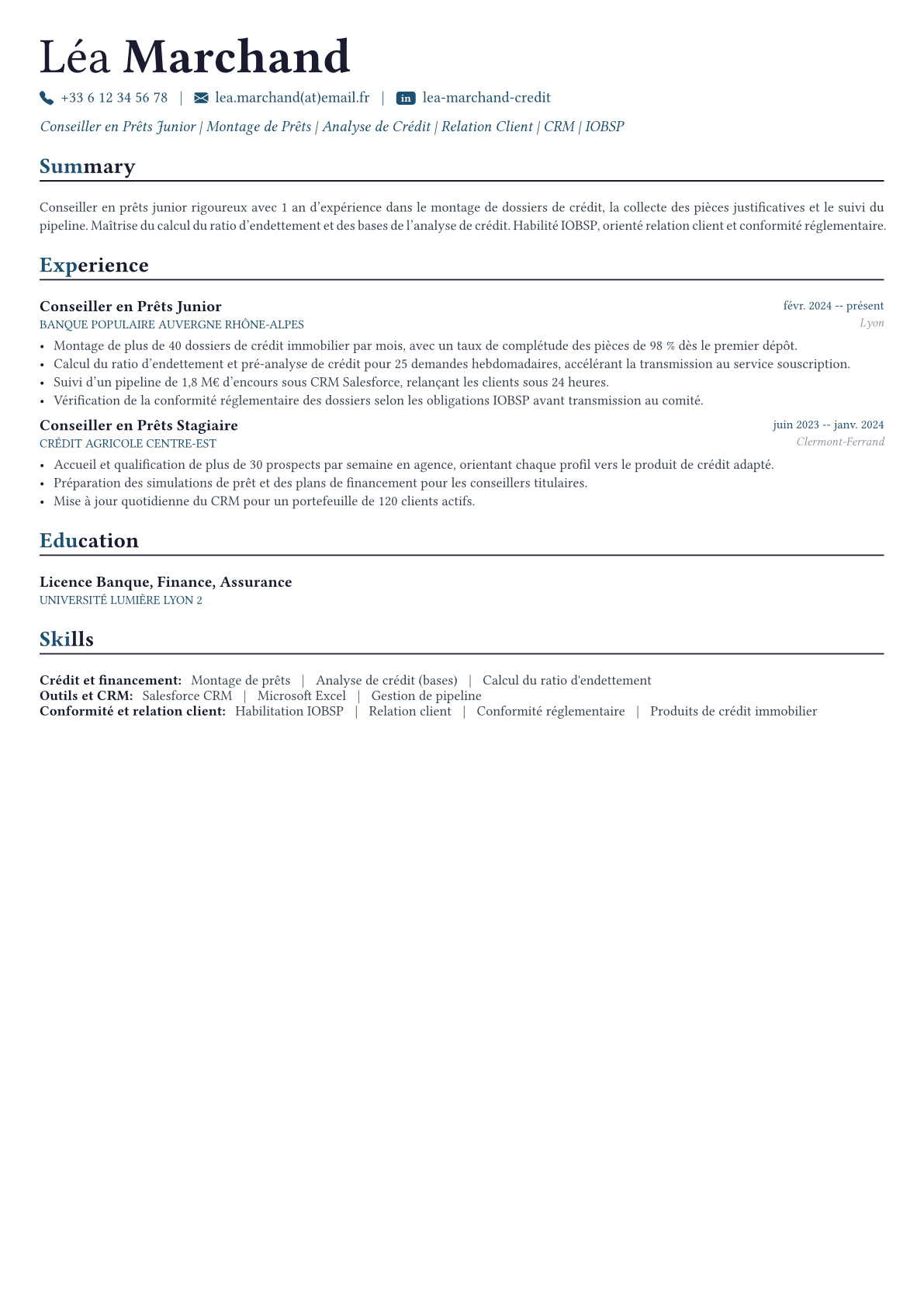 Conseiller en prêts exemple de CV