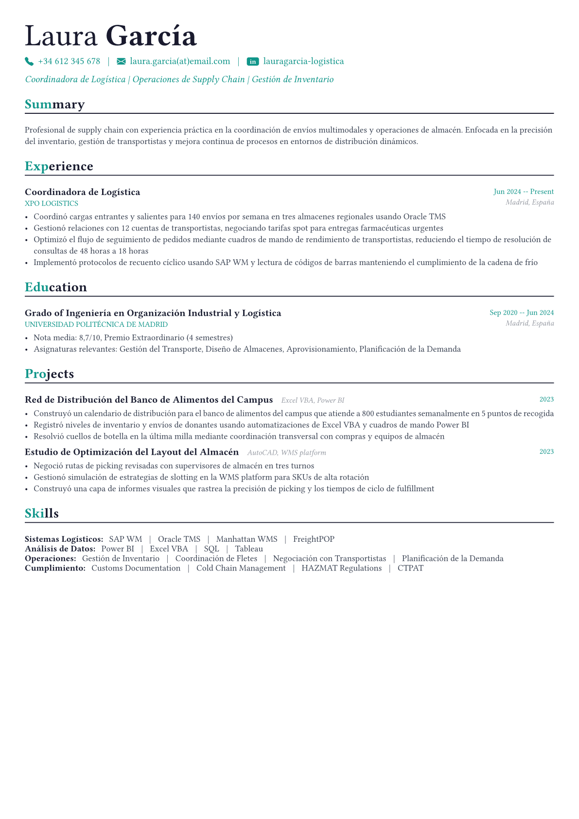Logistics Manager ejemplo de CV